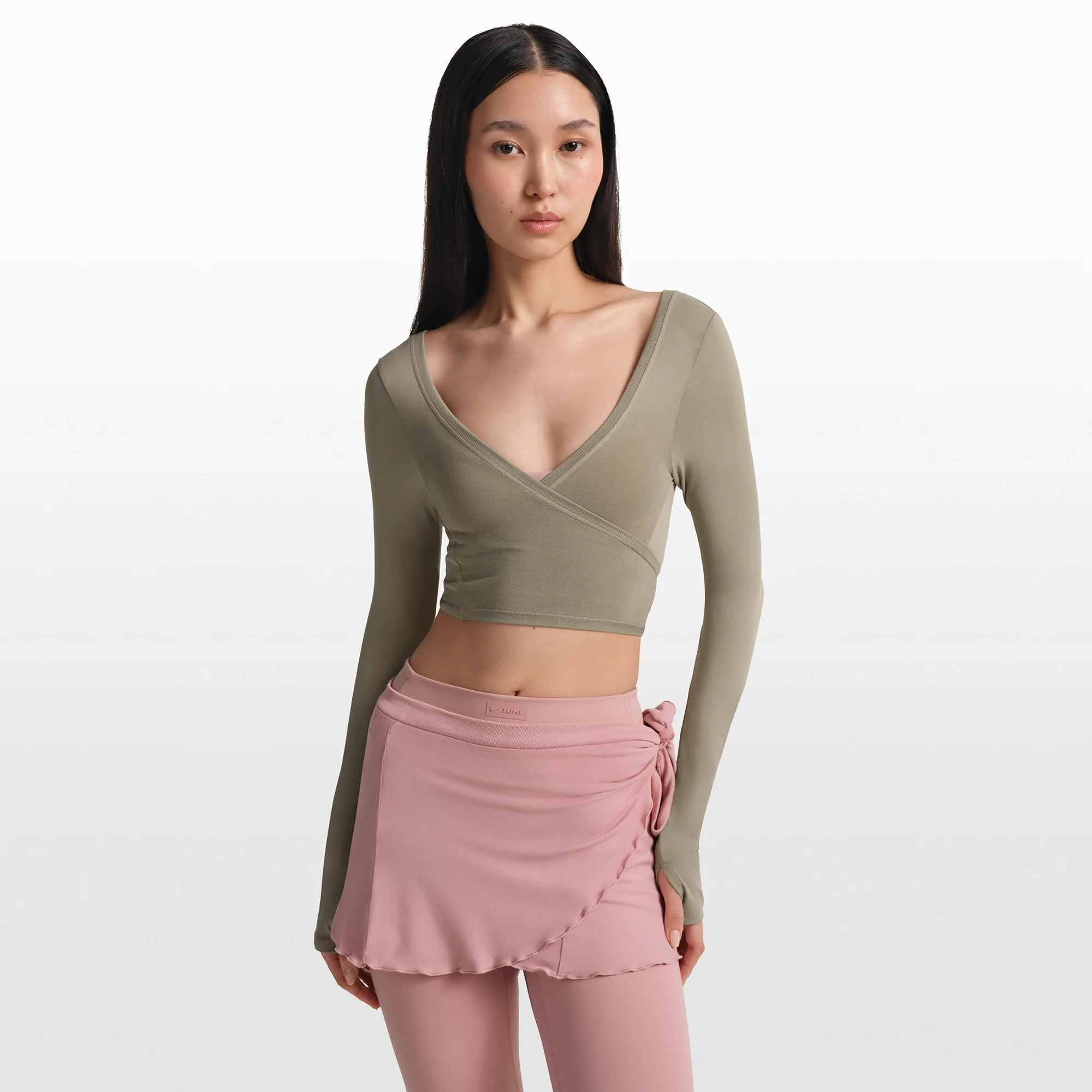 NikeSKIMS STRETCH KNIT WRAP LONG SLEEVE CROPPED TOP | DUNE - Image 3