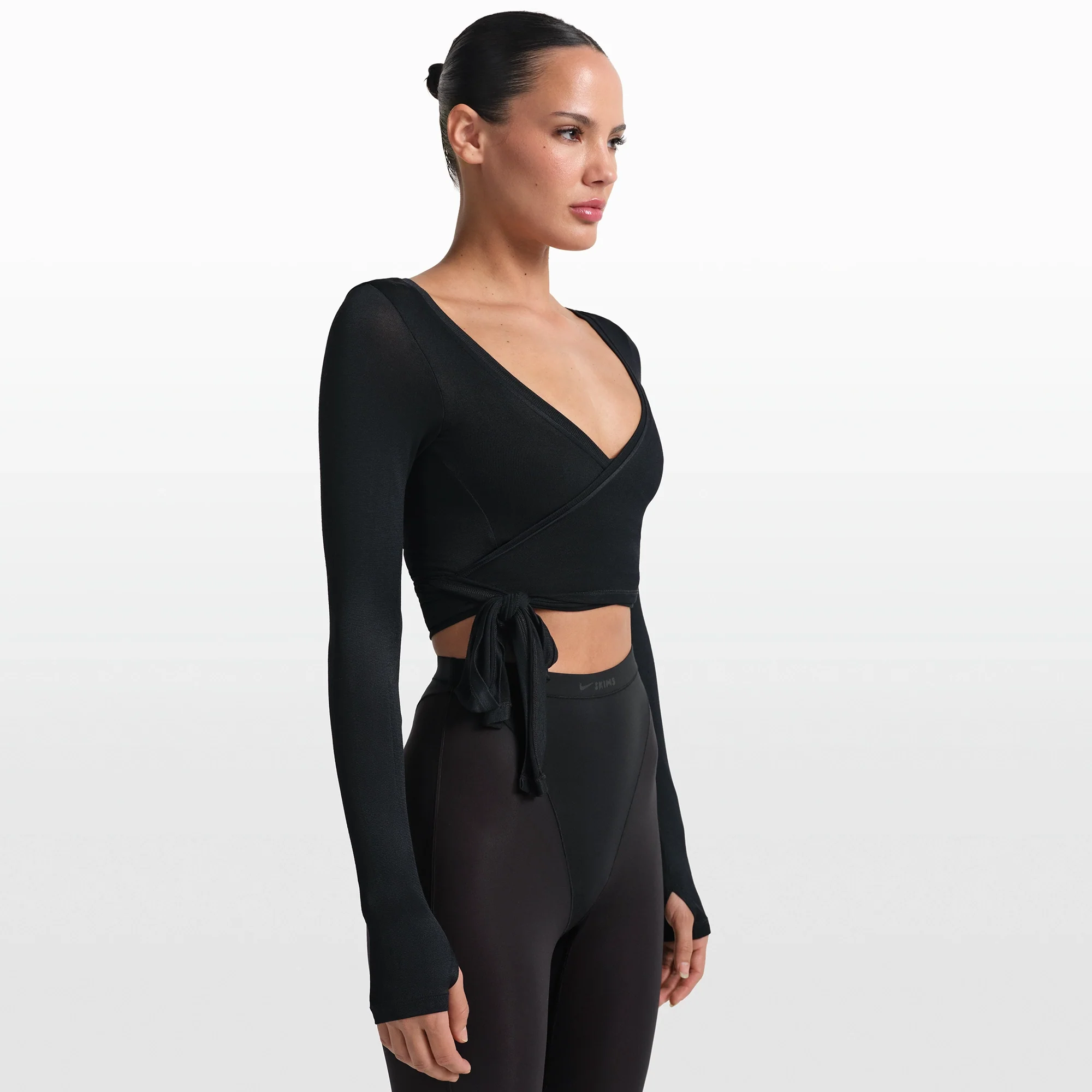 NikeSKIMS STRETCH KNIT WRAP LONG SLEEVE CROPPED TOP | OBSIDIAN - Image 5
