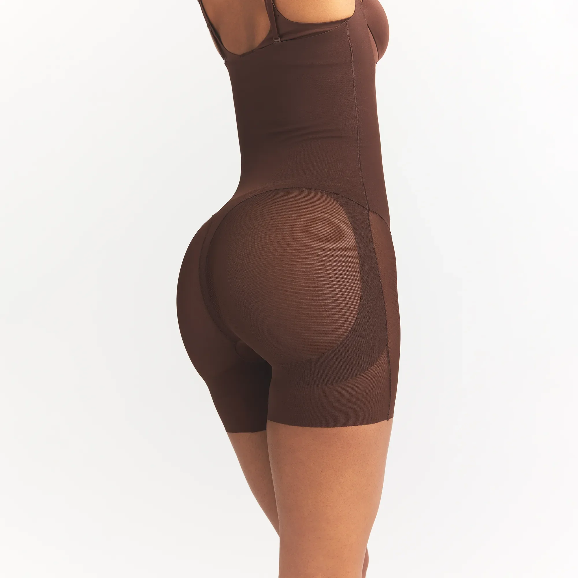 POWER MESH SHAPEWEAR CORE SCULPT OPEN BUST MID THIGH BODYSUIT | COCOA - Image 4