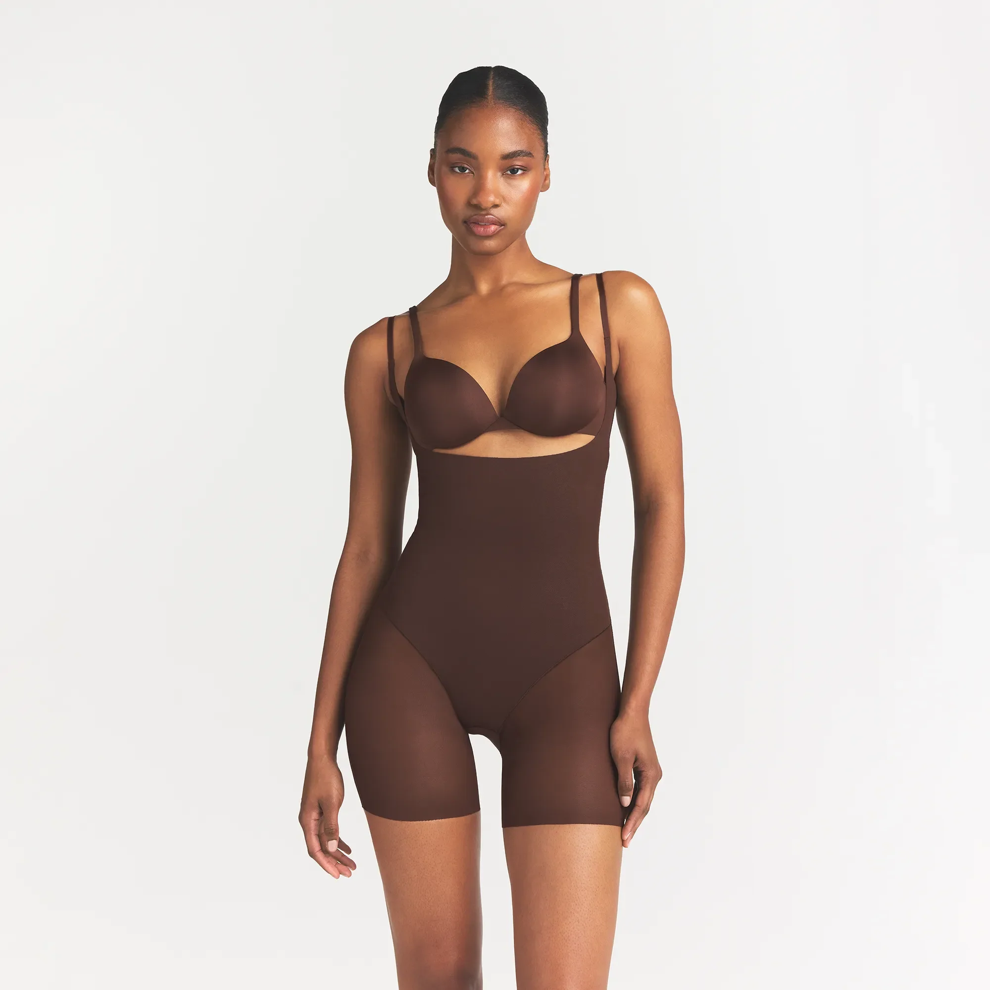 POWER MESH SHAPEWEAR CORE SCULPT OPEN BUST MID THIGH BODYSUIT | COCOA - Image 5