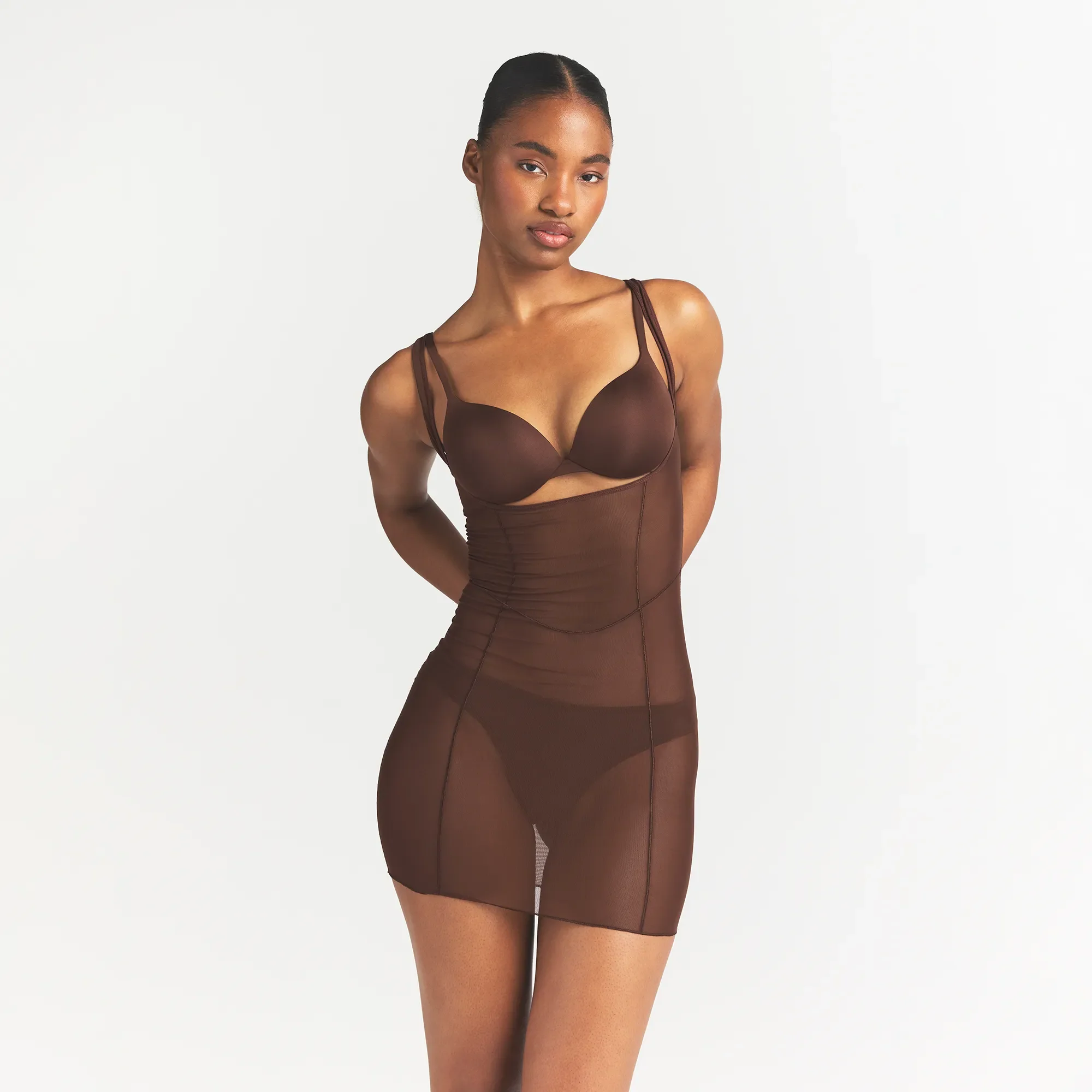 POWER MESH SHAPEWEAR OPEN BUST SLIP DRESS | COCOA - Image 3