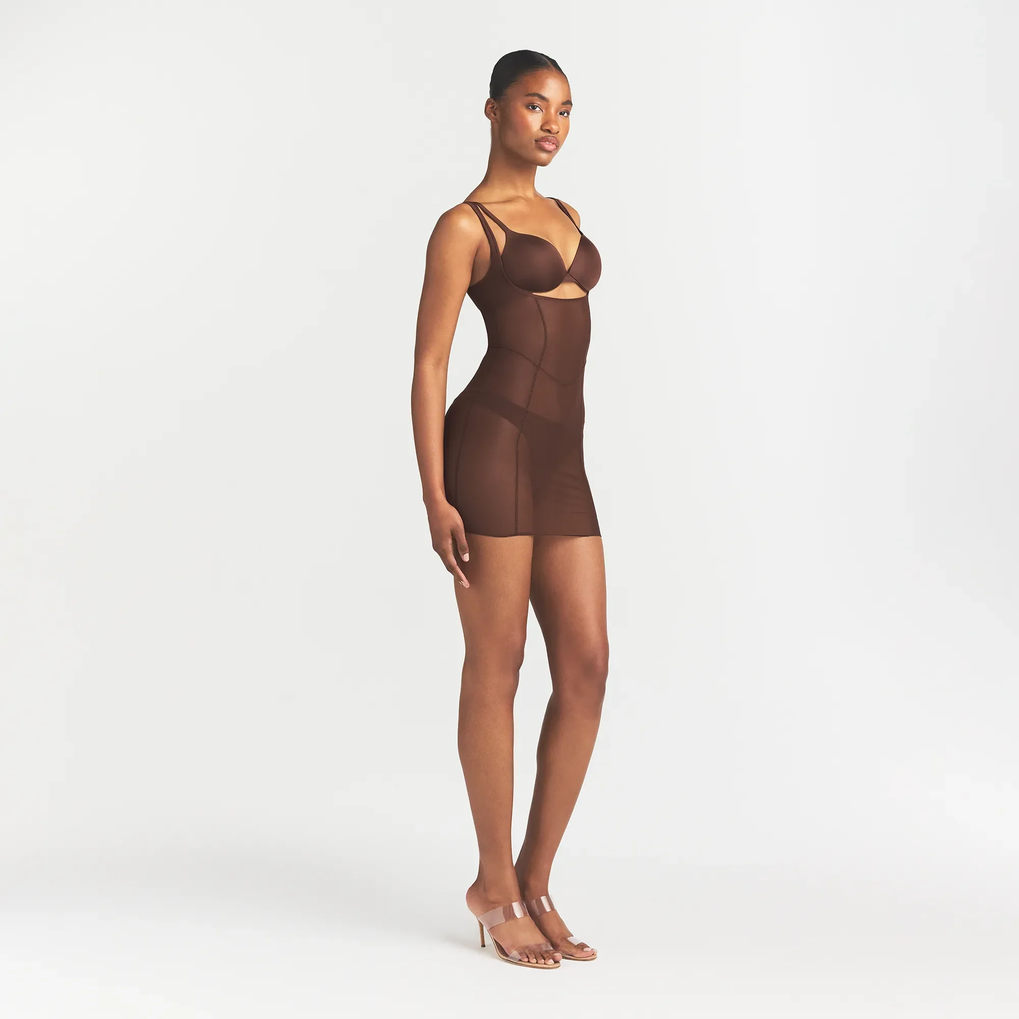 POWER MESH SHAPEWEAR OPEN BUST SLIP DRESS | COCOA - Image 4