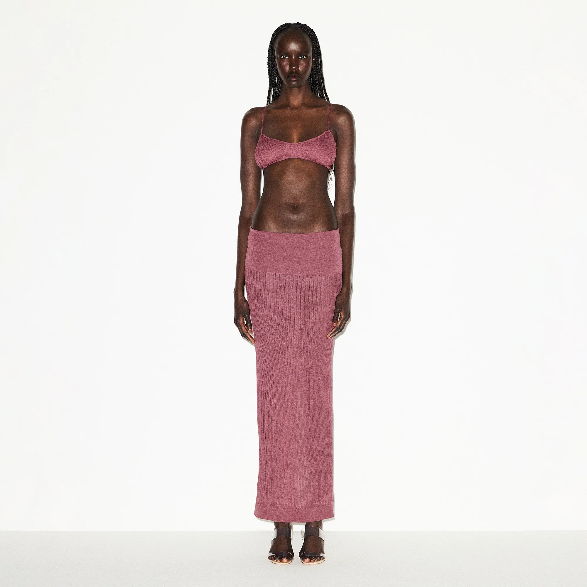 SHEER KNIT FOLDOVER LONG SKIRT | BEET - Image 3