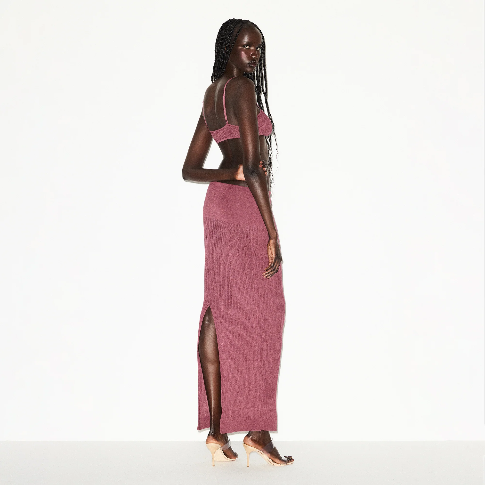 SHEER KNIT FOLDOVER LONG SKIRT | BEET - Image 4