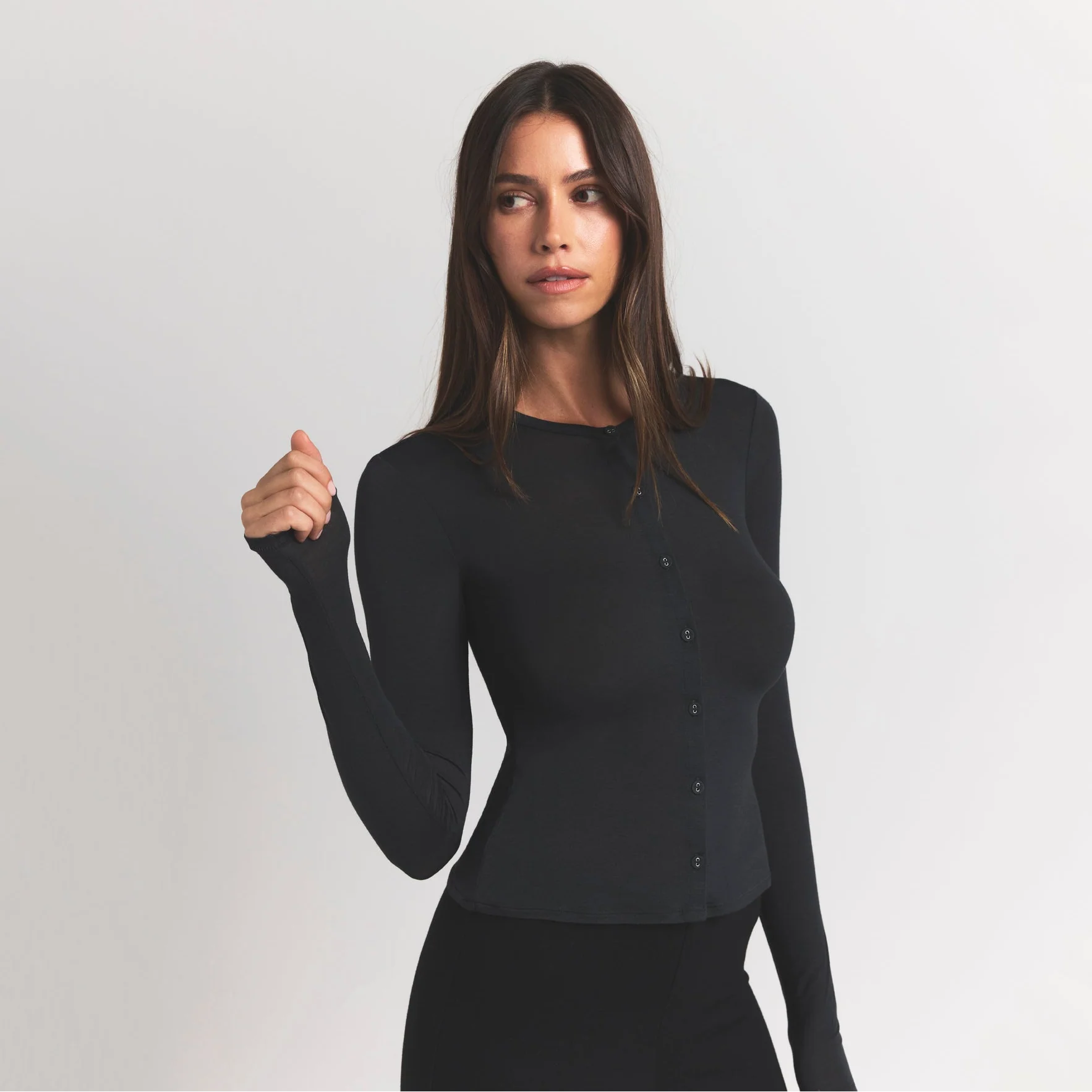 SHEER MODAL CARDIGAN WITH COVERED BUTTONS | ONYX - Image 3