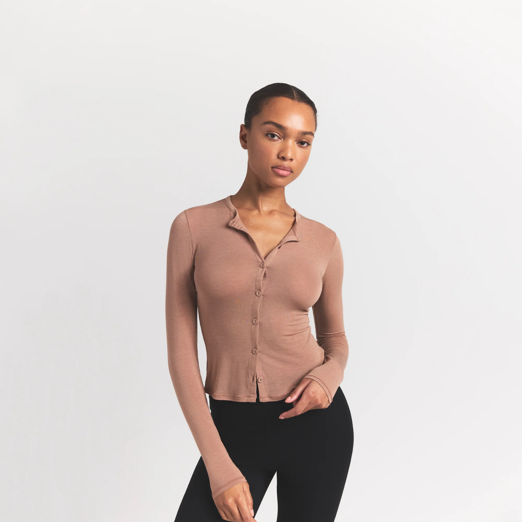 SHEER MODAL CARDIGAN WITH COVERED BUTTONS | SIENNA - Image 3