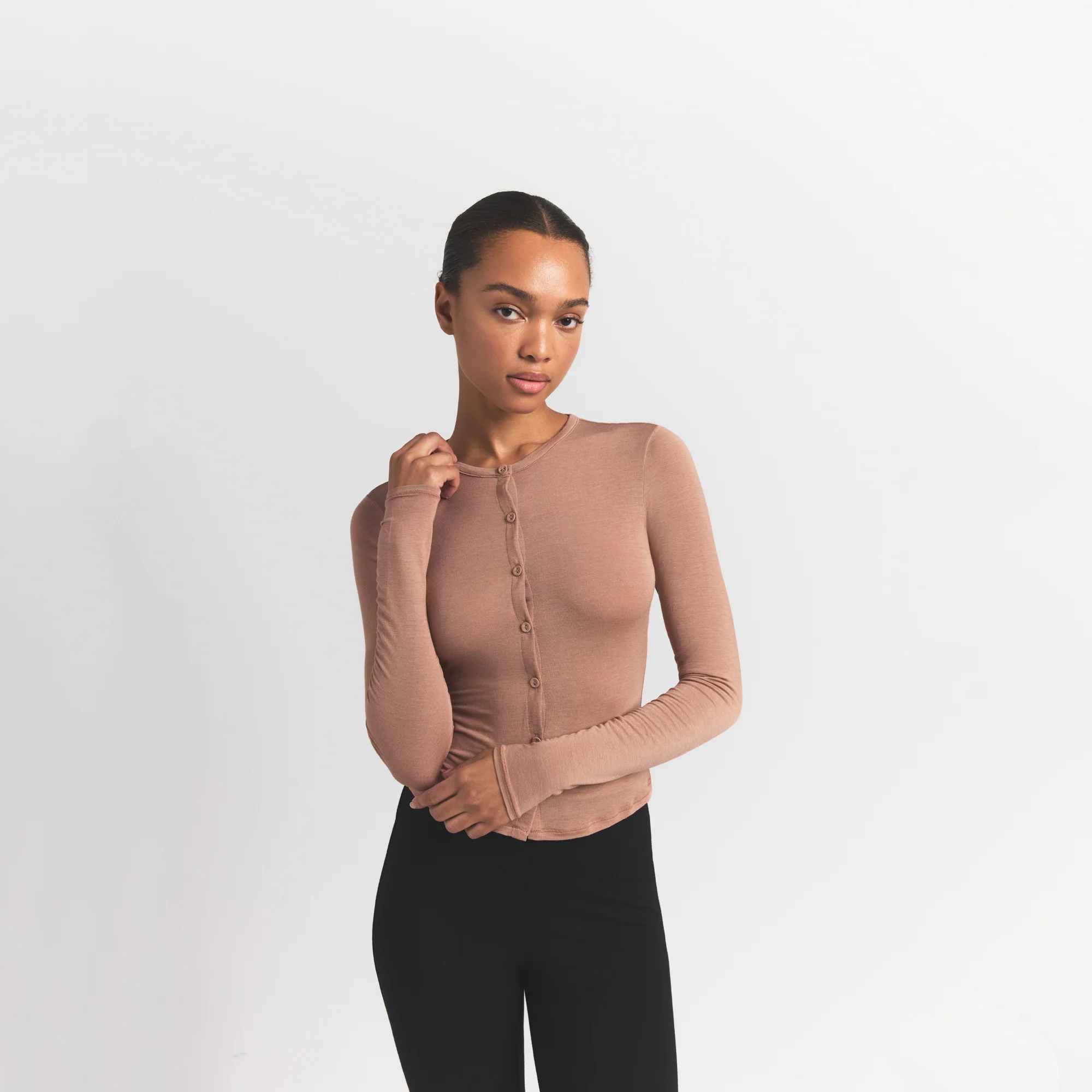 SHEER MODAL CARDIGAN WITH COVERED BUTTONS | SIENNA - Image 5
