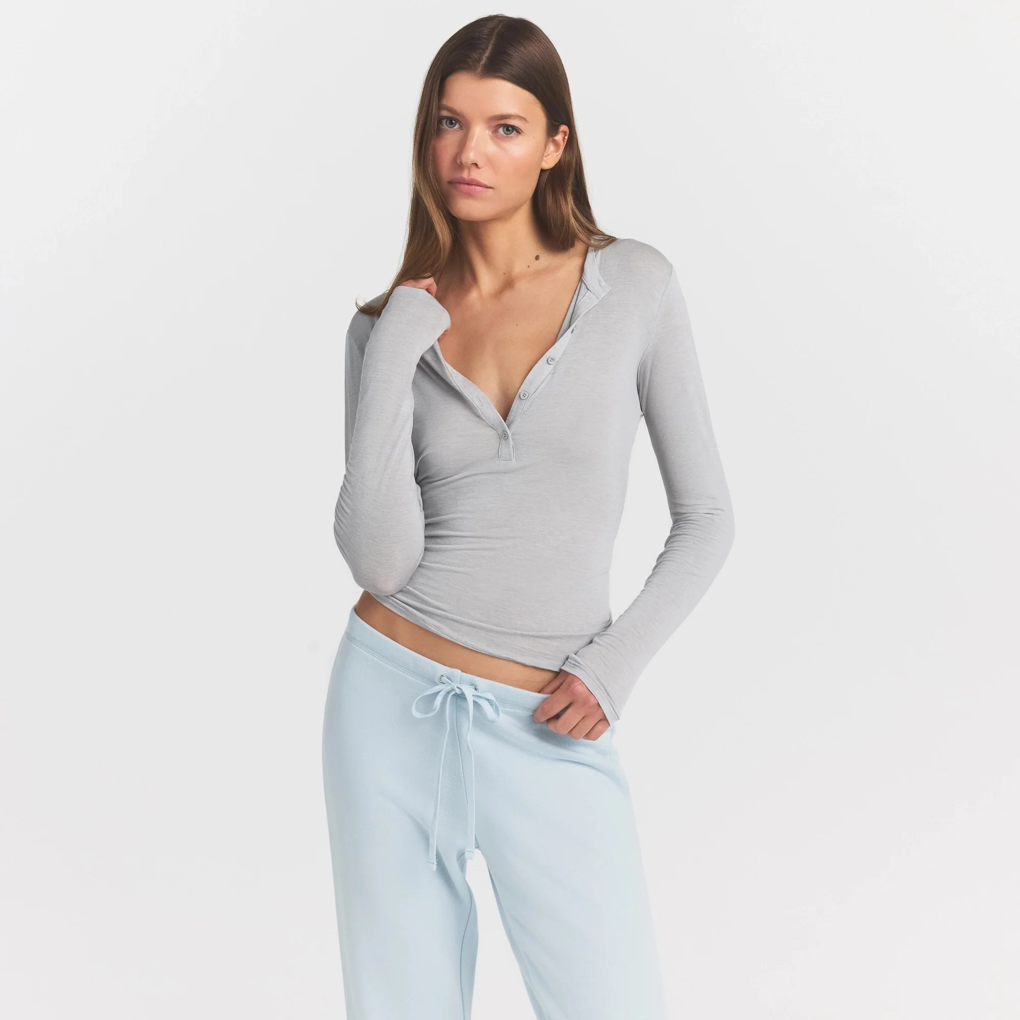 SHEER MODAL CREWNECK HENLEY | HEATHER GREY - Image 3