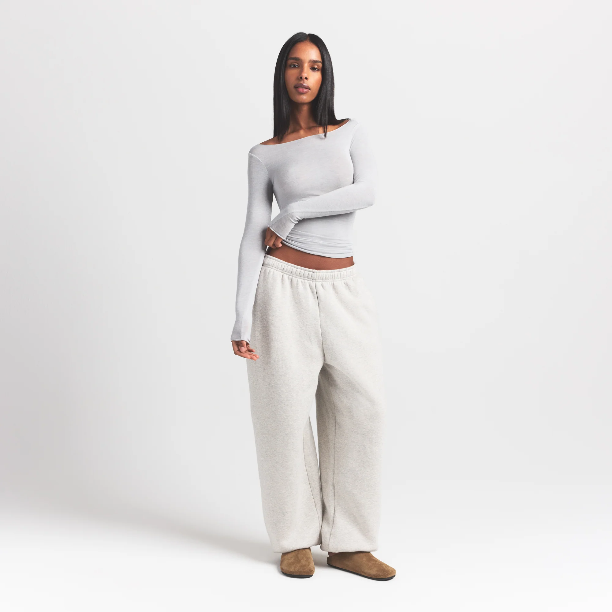 SHEER MODAL LONG SLEEVE BOATNECK TOP | HEATHER GREY - Image 5
