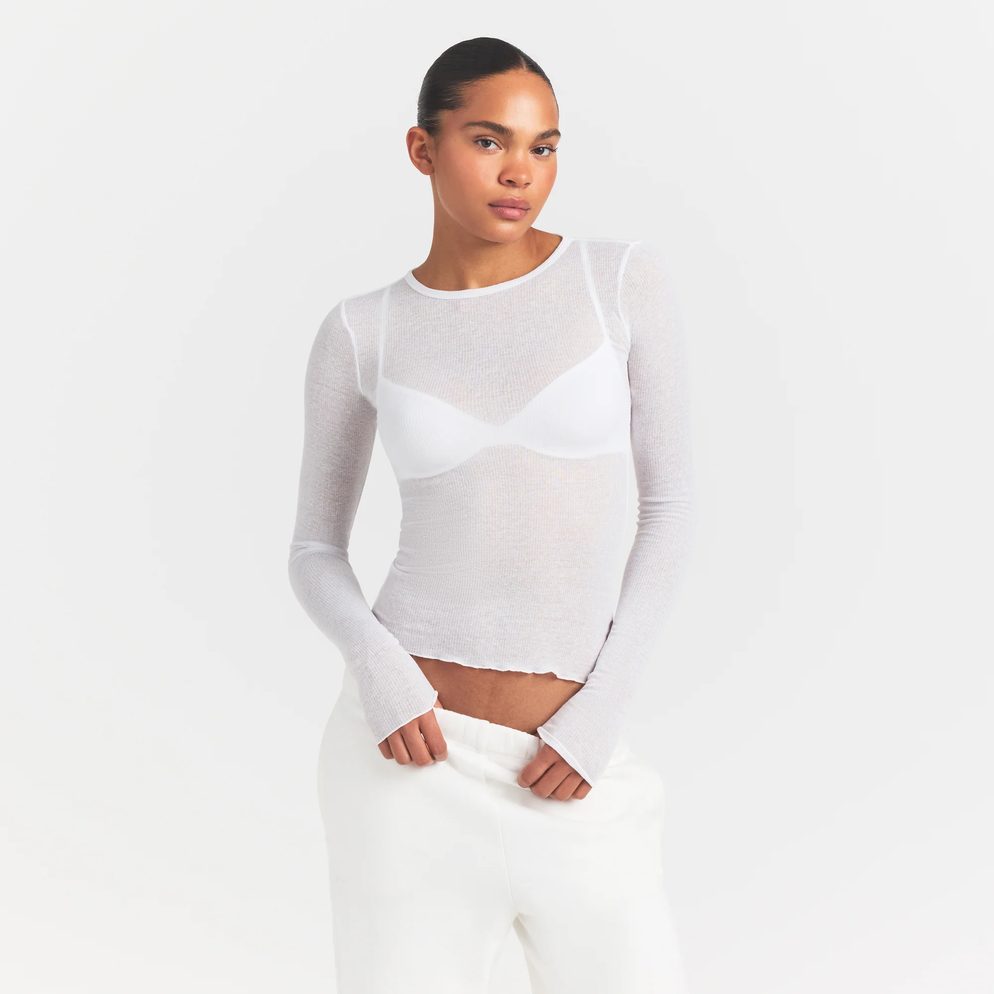SHEER RIB LONG SLEEVE TOP | SNOW - Image 3