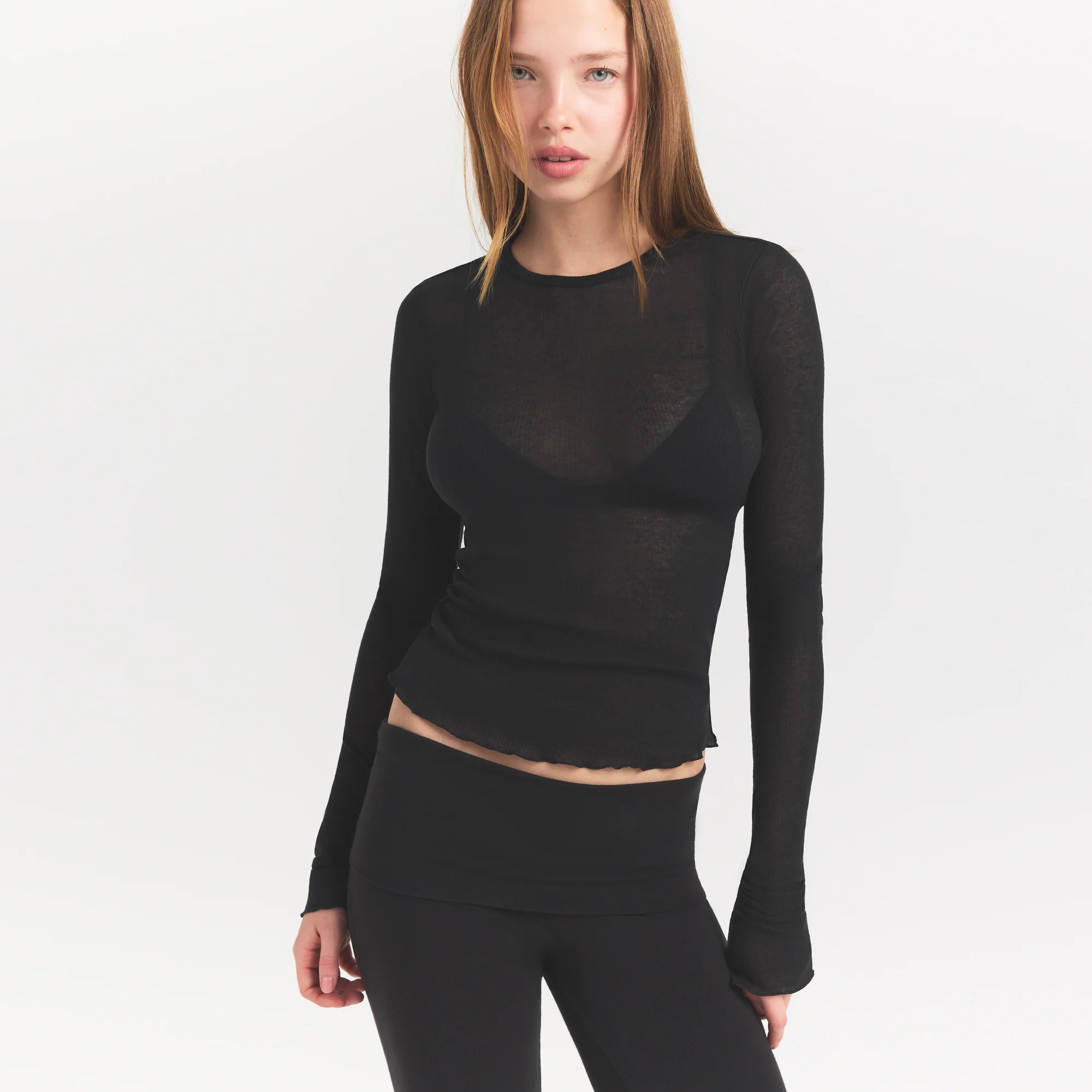SHEER RIB LONG SLEEVE TOP | SOOT - Image 3