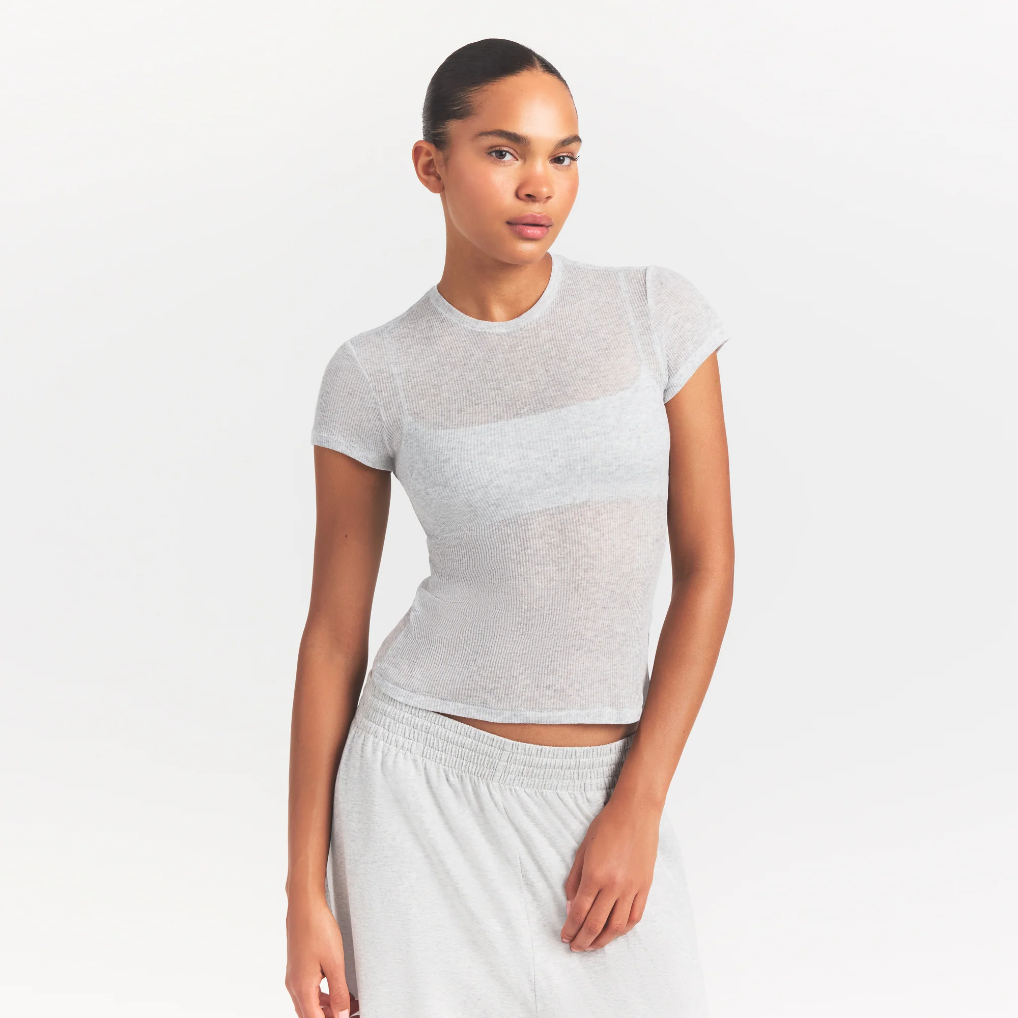 SHEER RIB T-SHIRT | LIGHT HEATHER GREY - Image 3