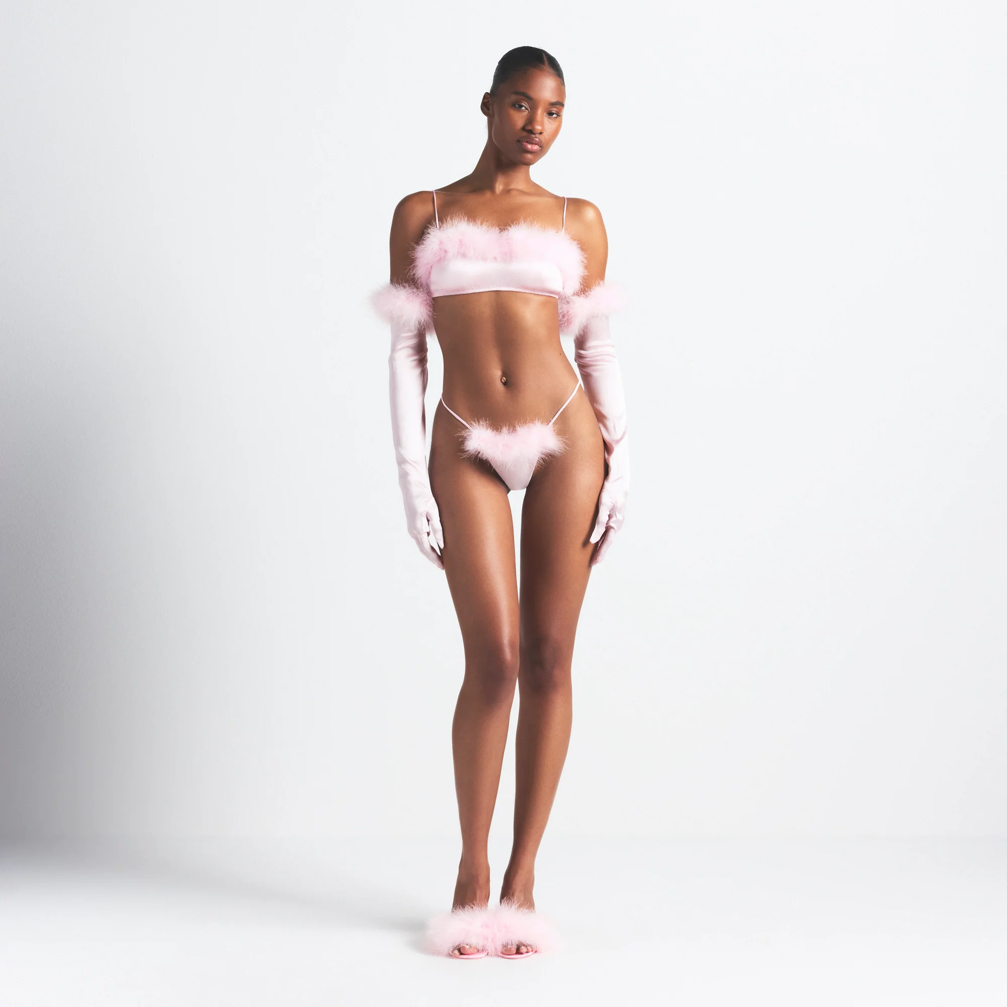 SILK FEATHER TRIM GLOVES | CHERRY BLOSSOM - Image 3