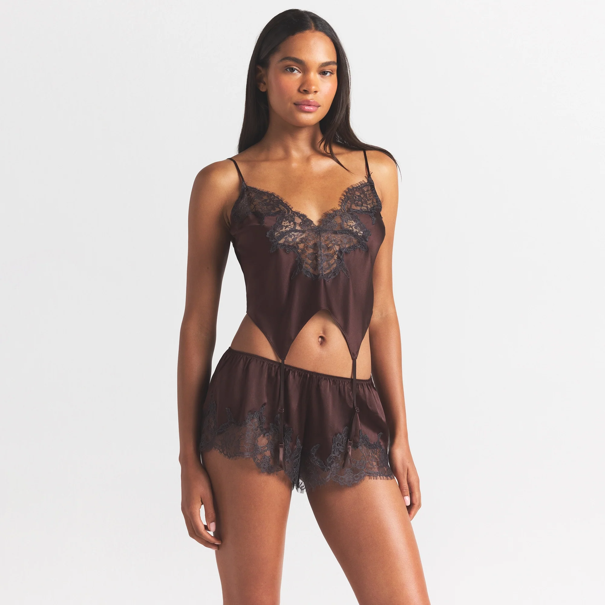 SILK LACE GARTER CAMI AND SHORT SET | ESPRESSO CONTRAST - Image 3