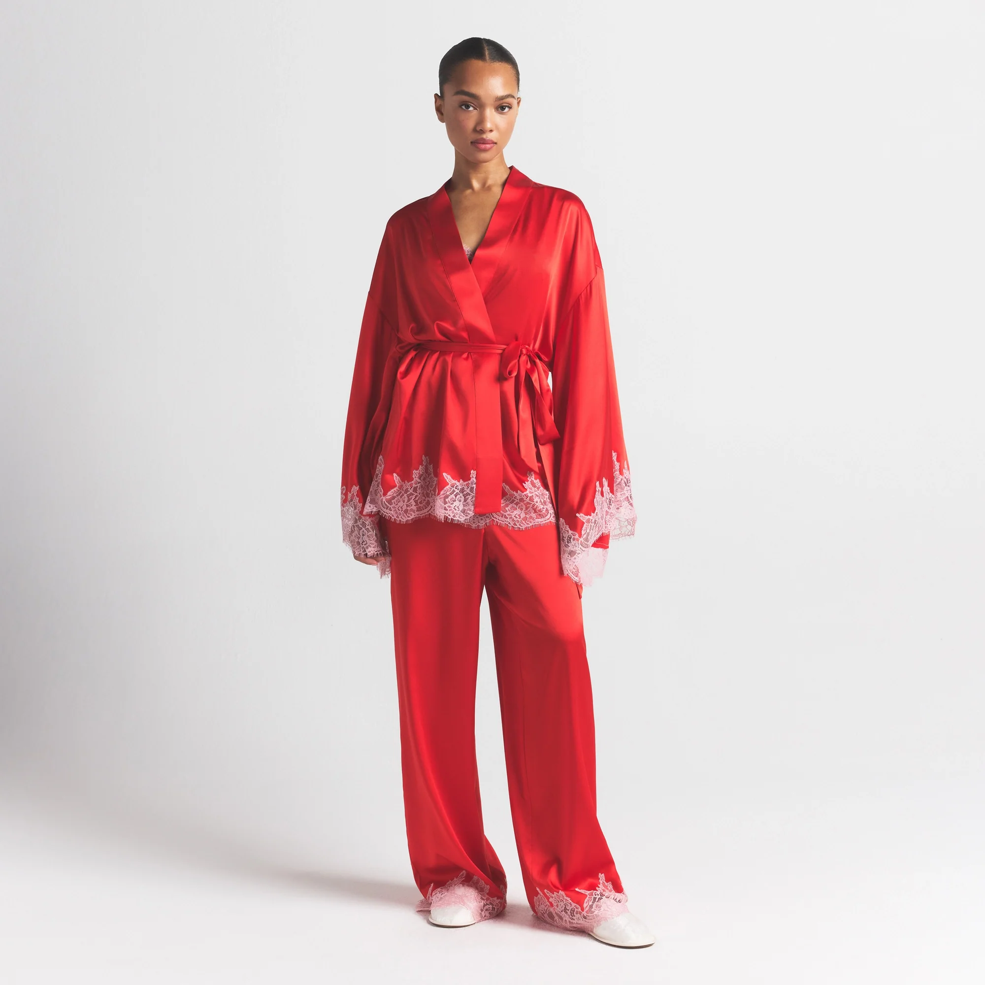 SILK LACE ROBE | RUBY CONTRAST - Image 2