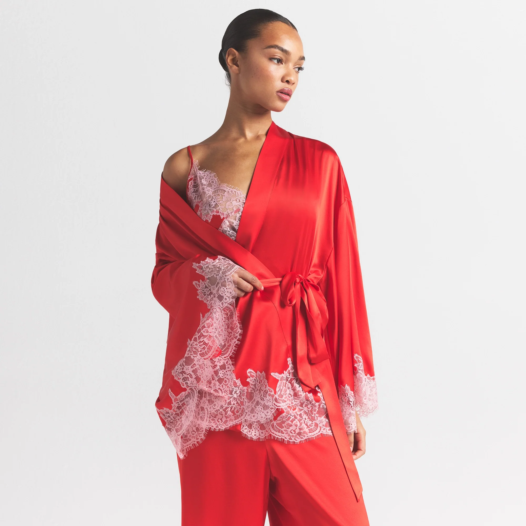 SILK LACE ROBE | RUBY CONTRAST - Image 3