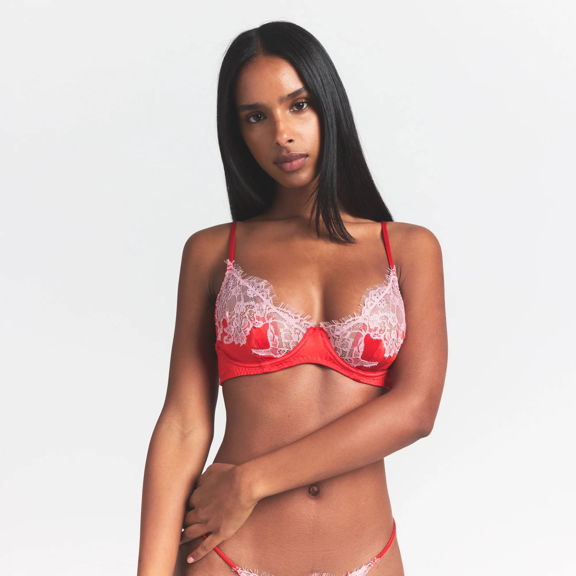 SILK LACE UNLINED DEMI BRA | RUBY CONTRAST - Image 3