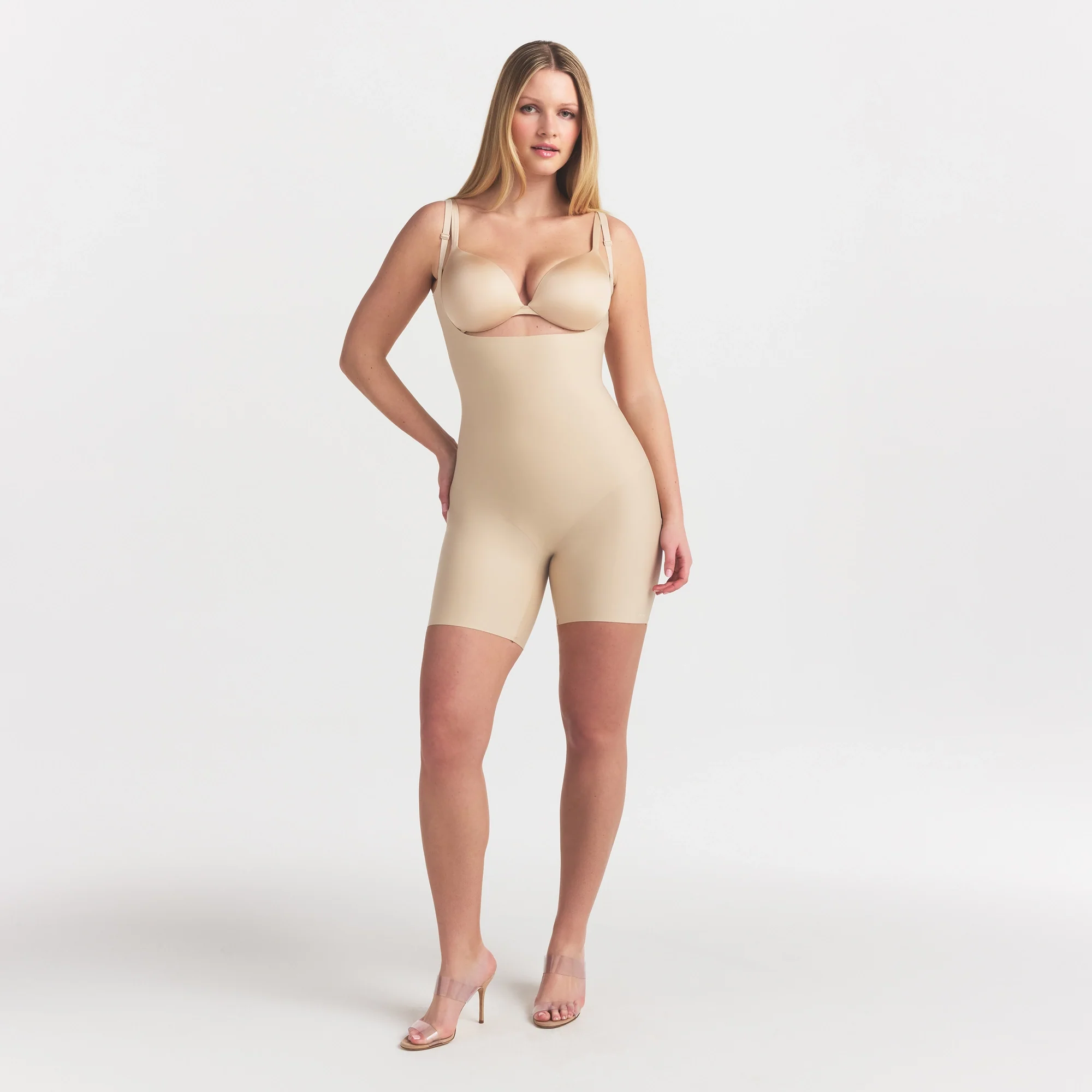 SKIMS BODY CORE SCULPT BACK SMOOTHING OPEN BUST MID THIGH BODYSUIT | SAND - Image 2