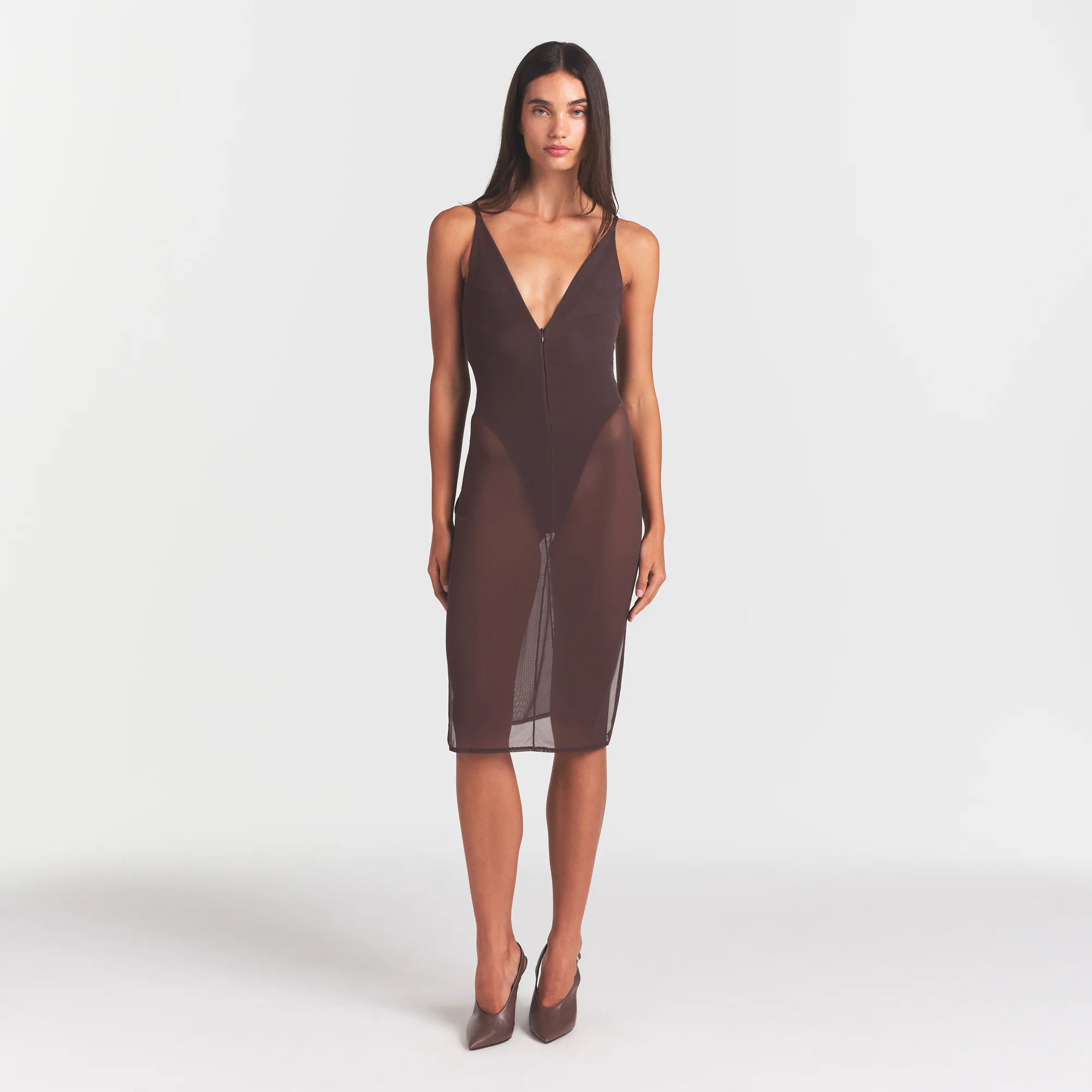 SKIMS BODY MESH PLUNGE MIDI DRESS | RAISIN - Image 2