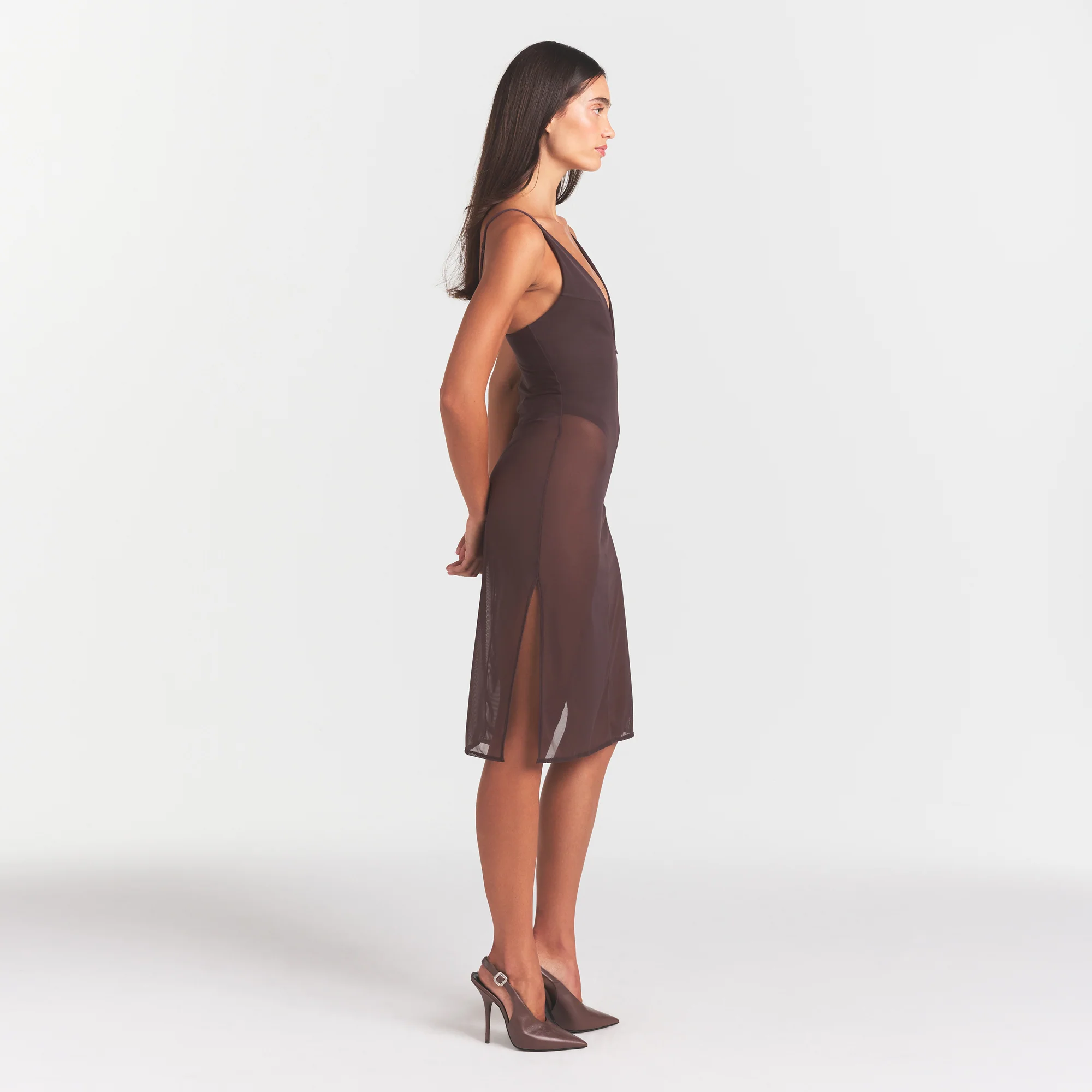 SKIMS BODY MESH PLUNGE MIDI DRESS | RAISIN - Image 5