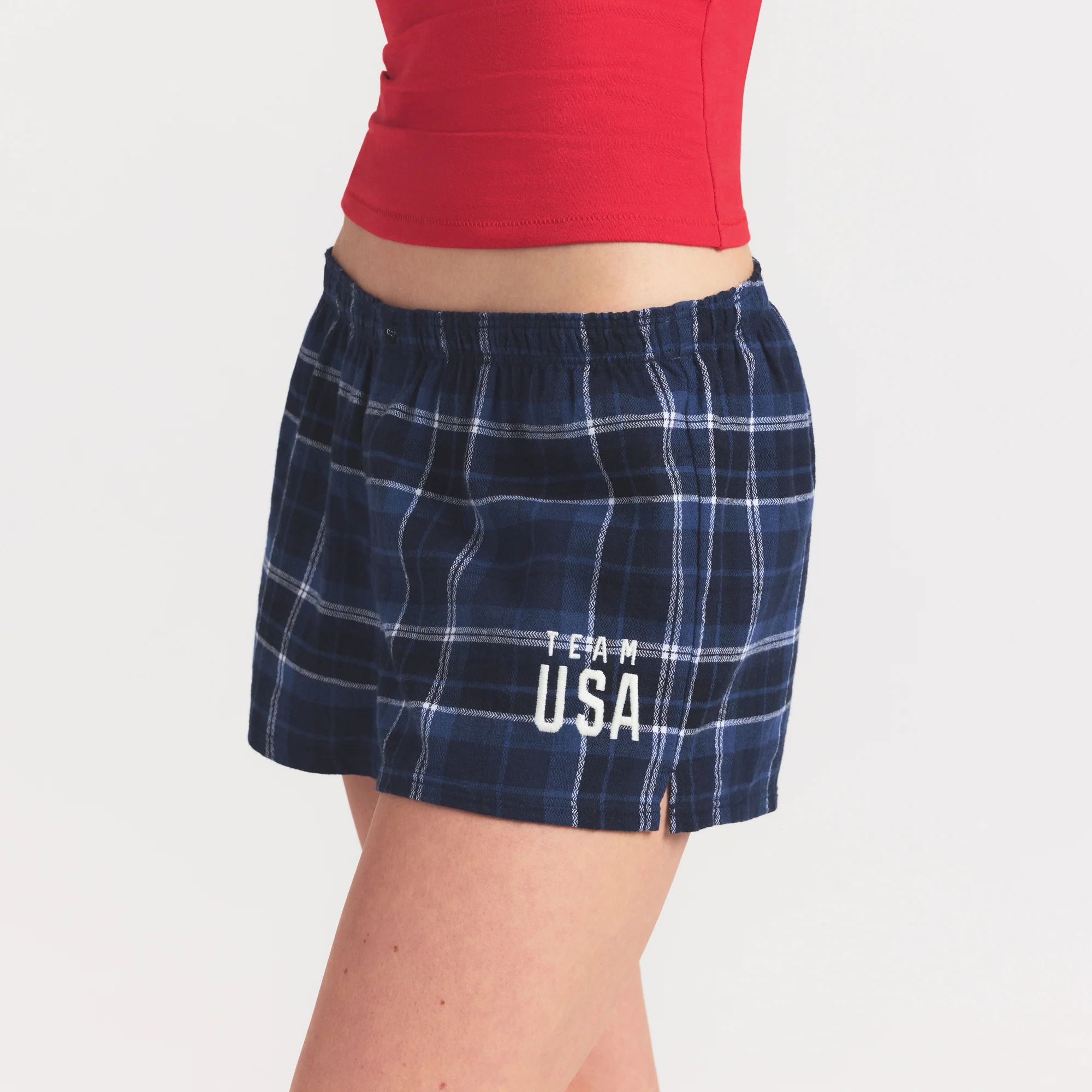 SKIMS FOR TEAM USA FLANNEL SLEEP OLYMPIC SHORT | NAVY PLAID - Image 3