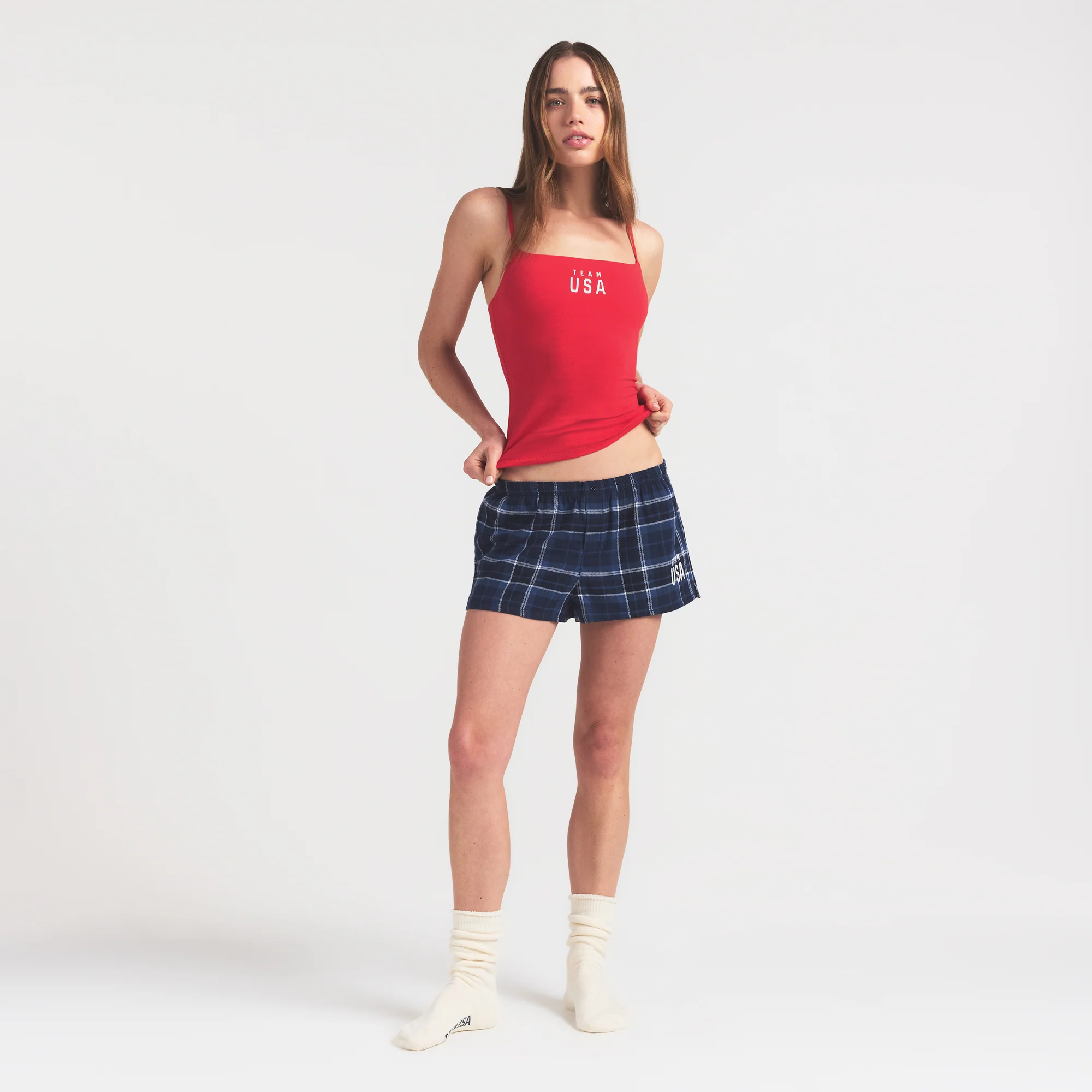 SKIMS FOR TEAM USA FLANNEL SLEEP OLYMPIC SHORT | NAVY PLAID - Image 4