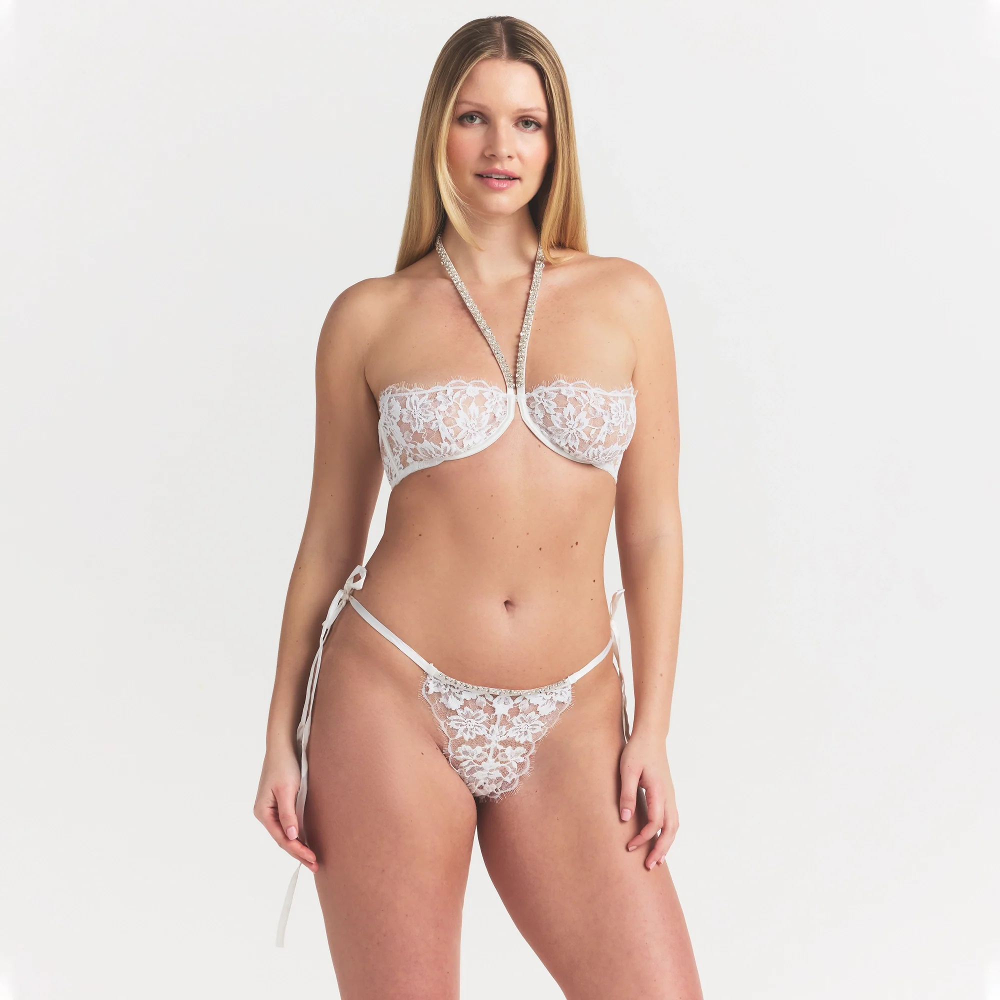 SKIMS LACE UNLINED HALTER BRA | SNOW - Image 3