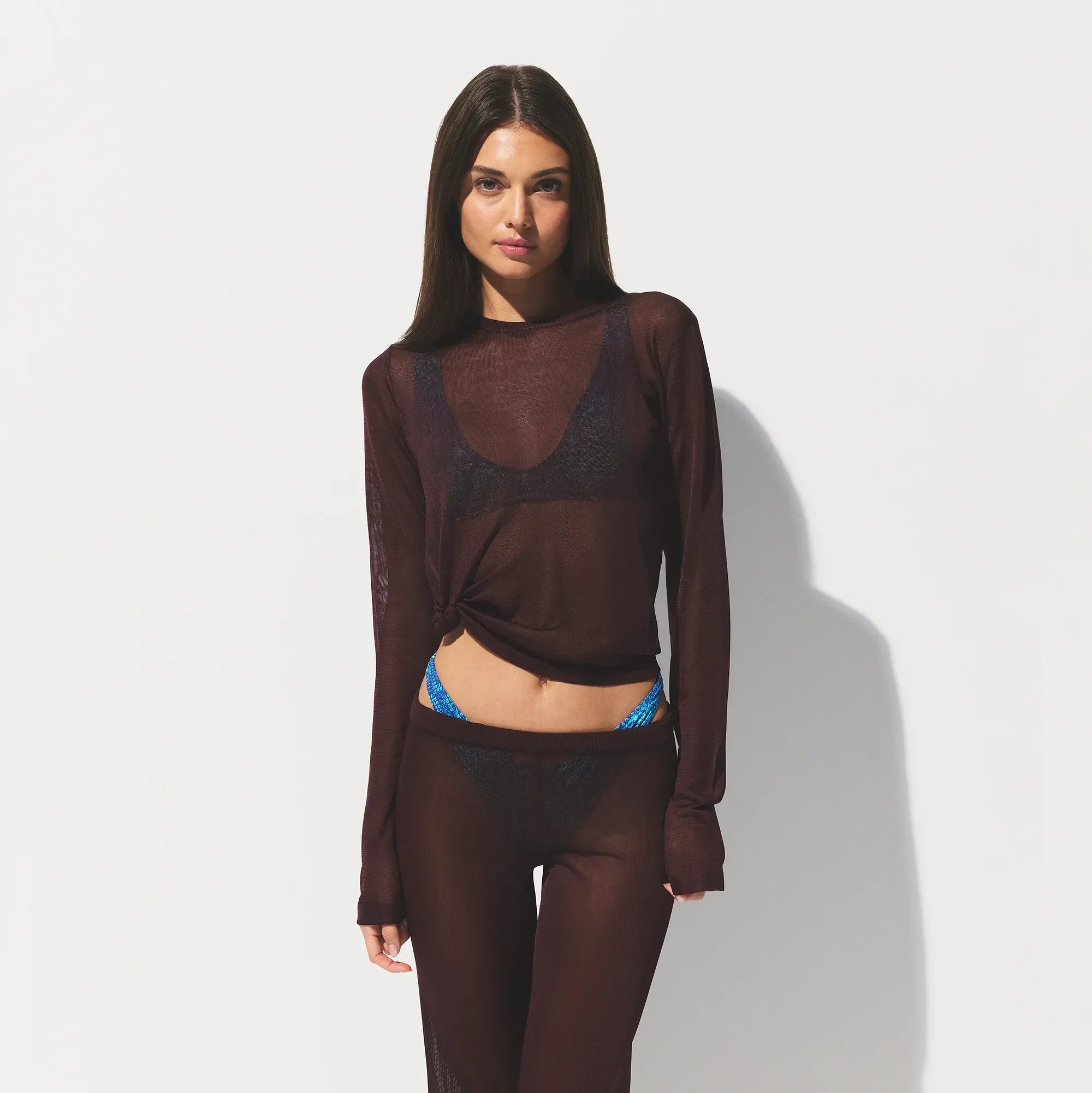 SLINKY KNIT CREW NECK LONG SLEEVE TOP | CURRANT - Image 3