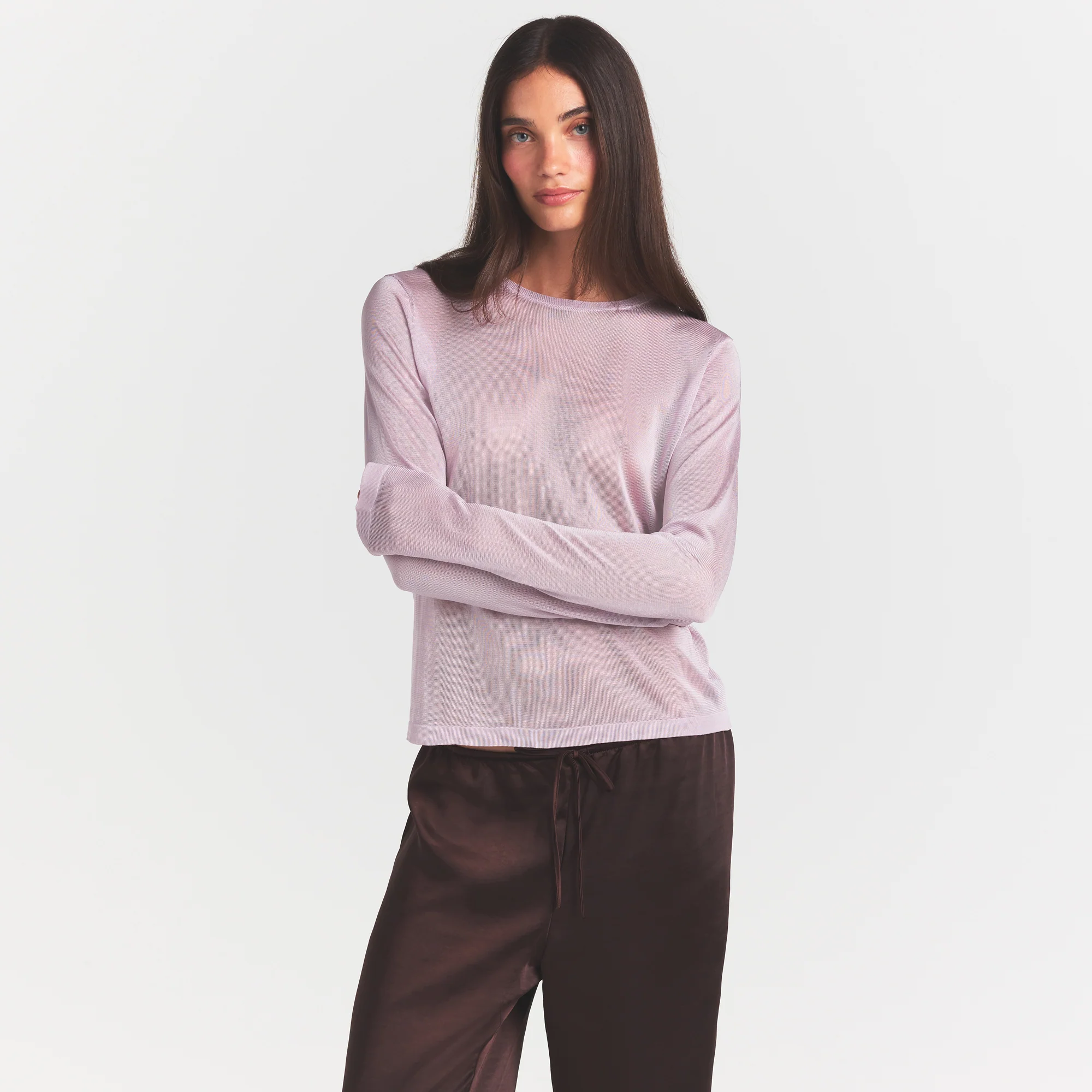 SLINKY KNIT CREW NECK LONG SLEEVE TOP | IRIS MICA - Image 3