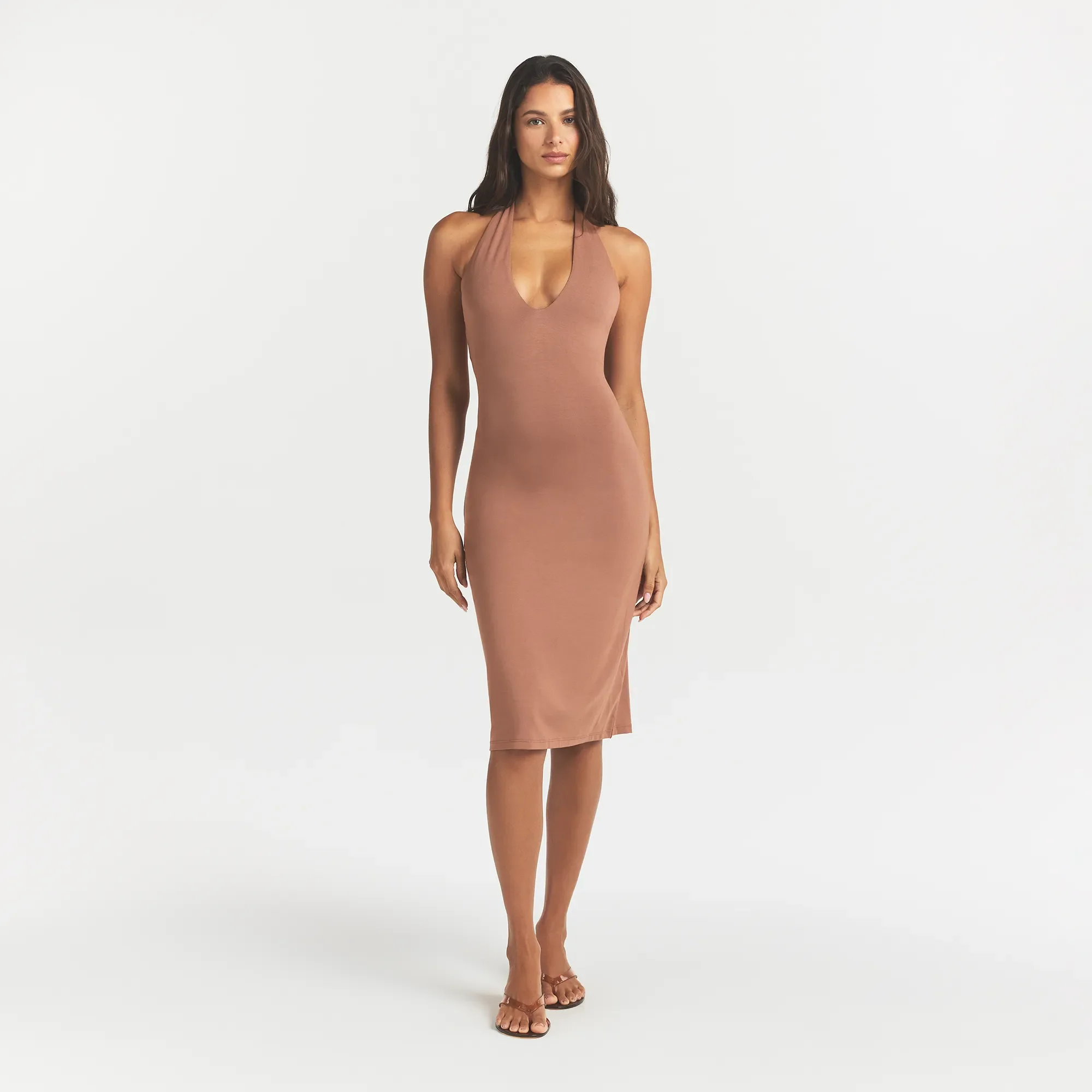 SMOOTH LAYERS PLUNGE HALTER MIDI DRESS | NUTMEG - Image 2