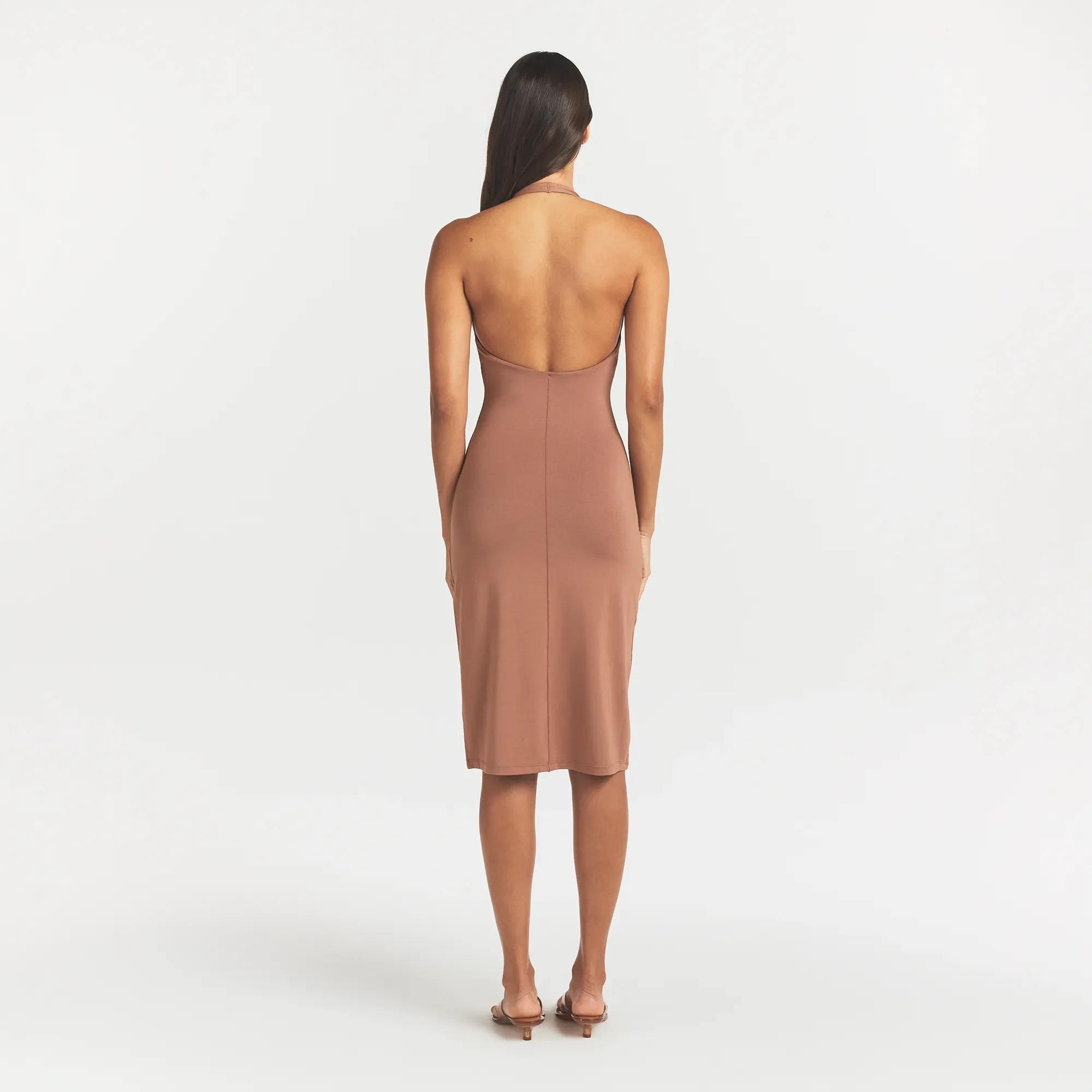 SMOOTH LAYERS PLUNGE HALTER MIDI DRESS | NUTMEG - Image 5