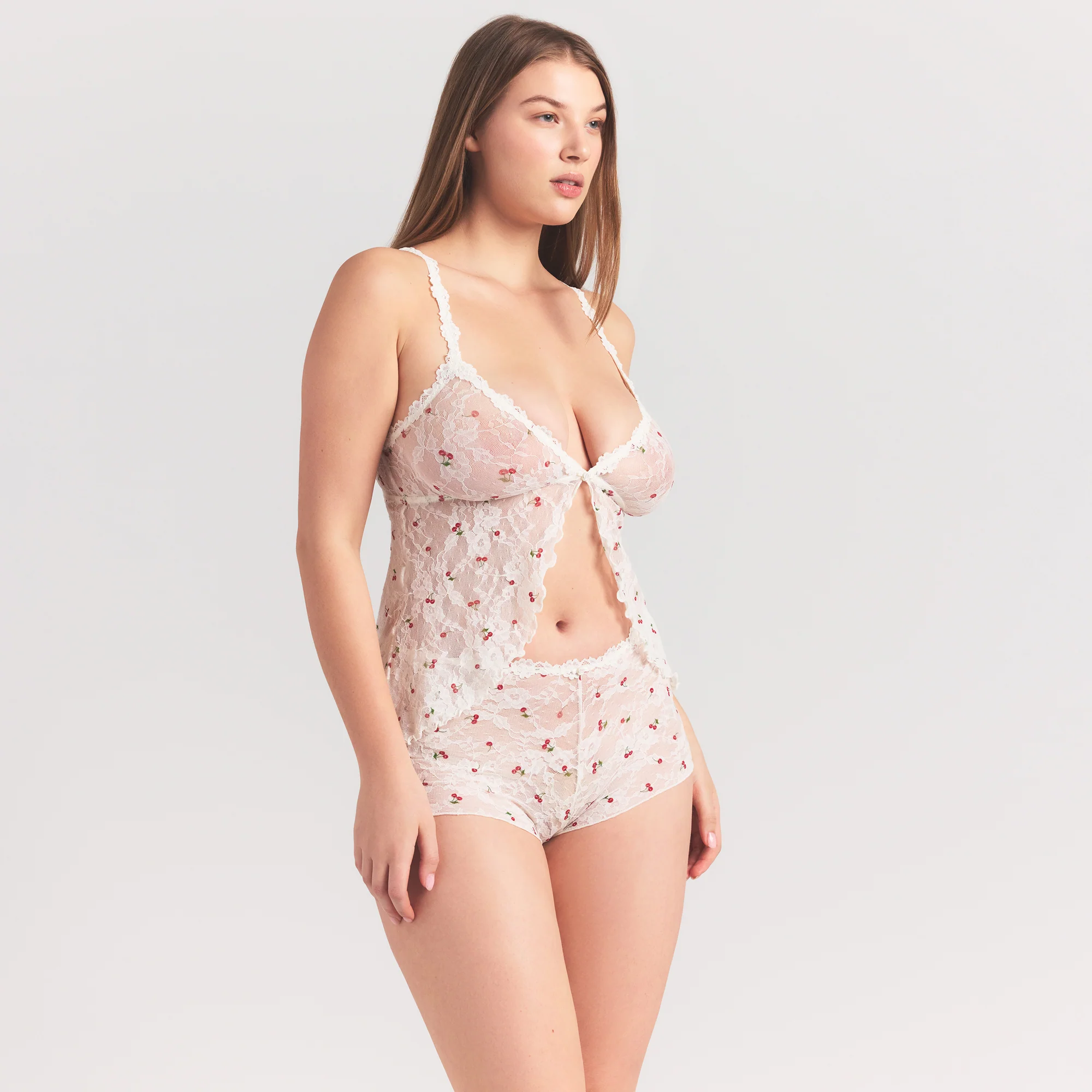 STRETCH LACE BABYDOLL TOP | IVORY CHERRY PRINT - Image 3