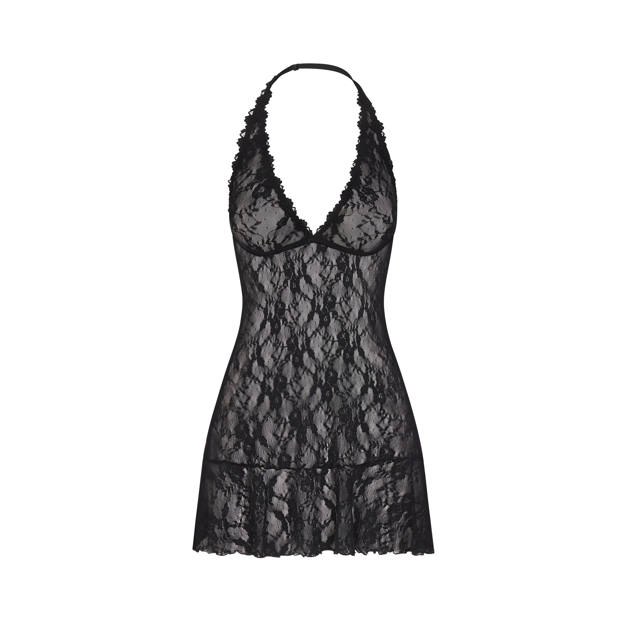 STRETCH LACE HALTER MINI DRESS | SOOT