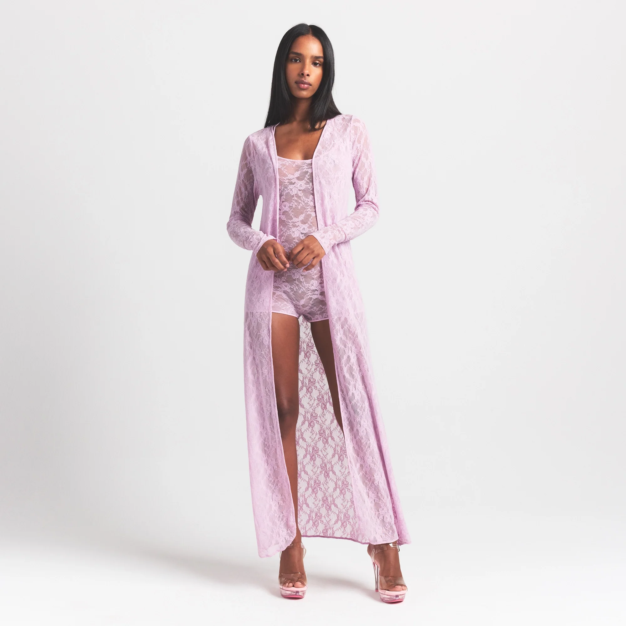 STRETCH LACE LONG ROBE | BABY PINK