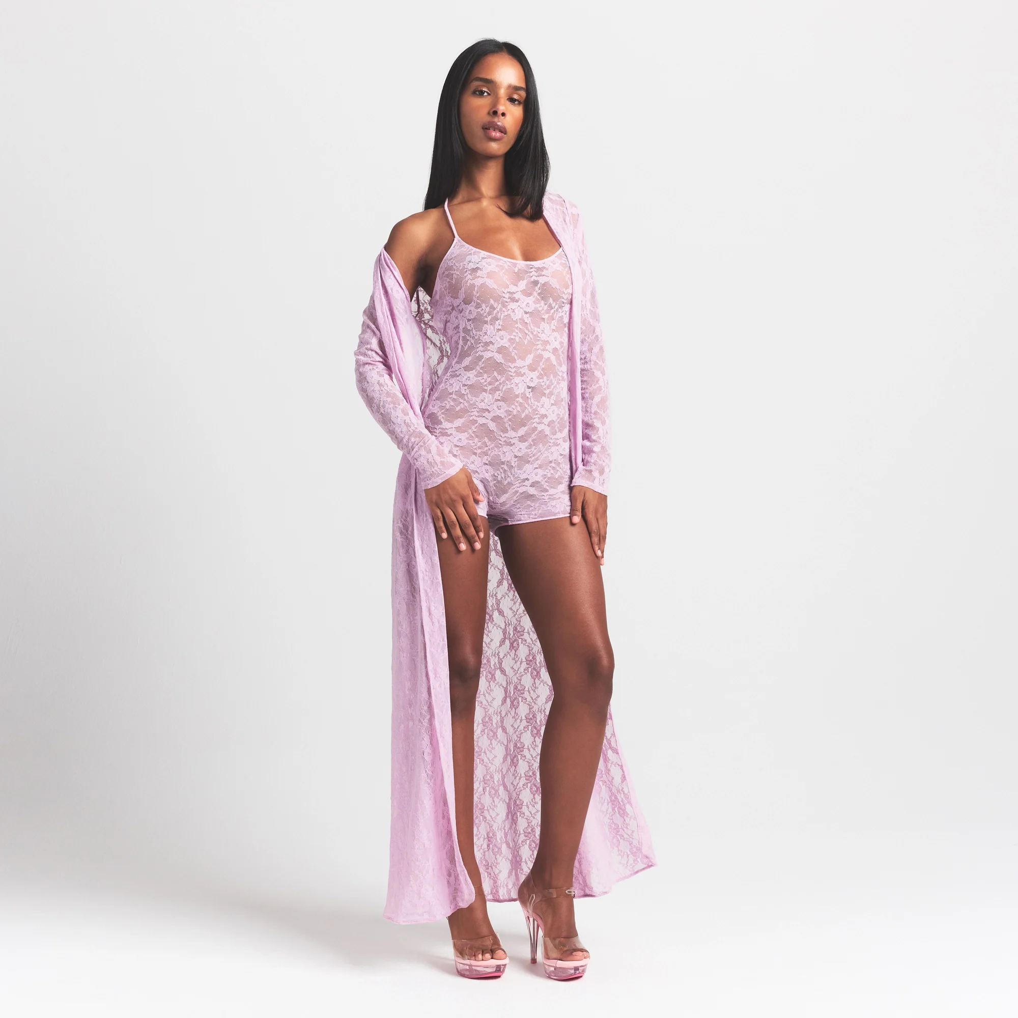 STRETCH LACE LONG ROBE | BABY PINK - Image 2
