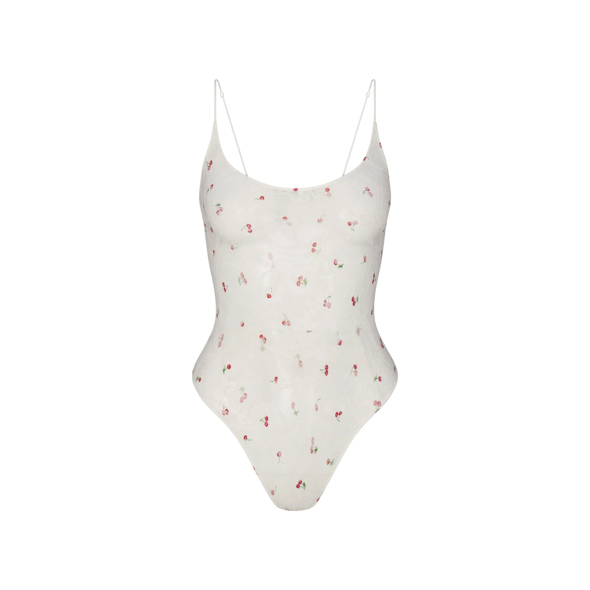 STRETCH LACE SCOOP NECK BODYSUIT | IVORY CHERRY PRINT