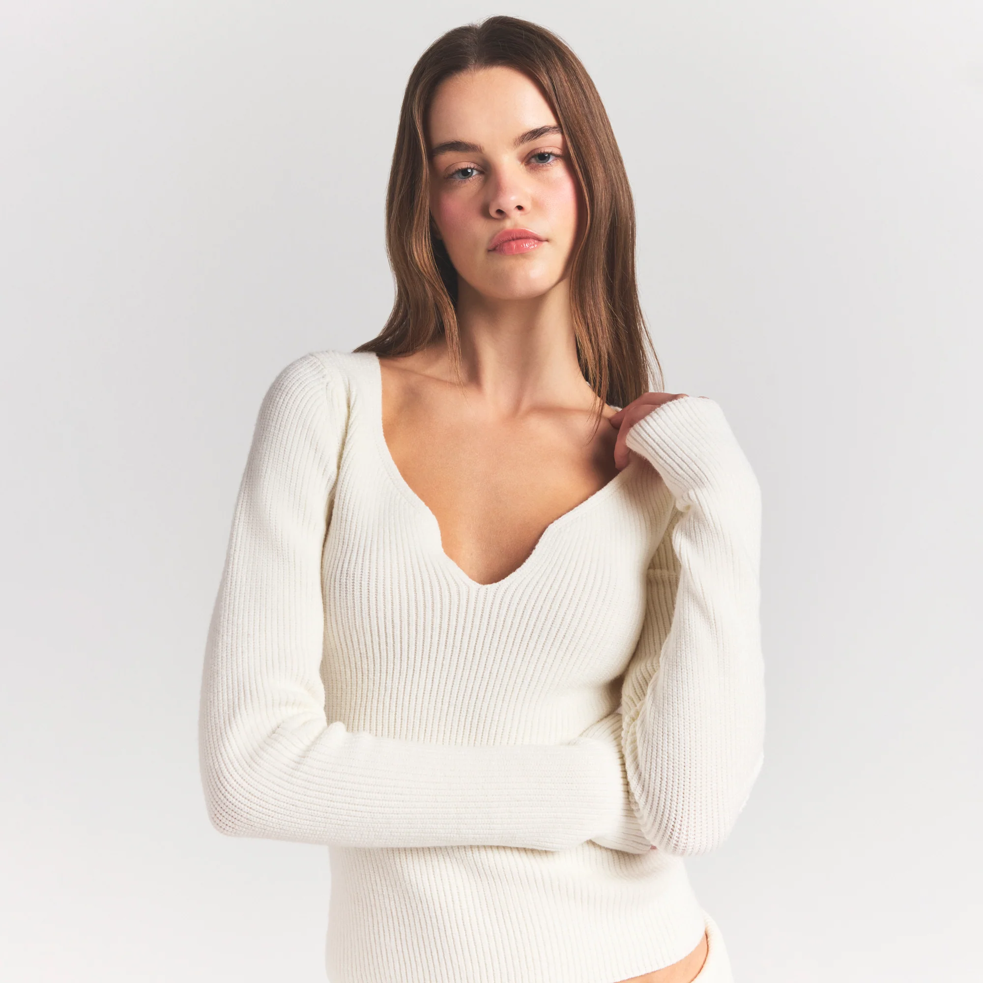 SWEATER KNITS RIBBED LONG SLEEVE TOP | IVORY - Image 4