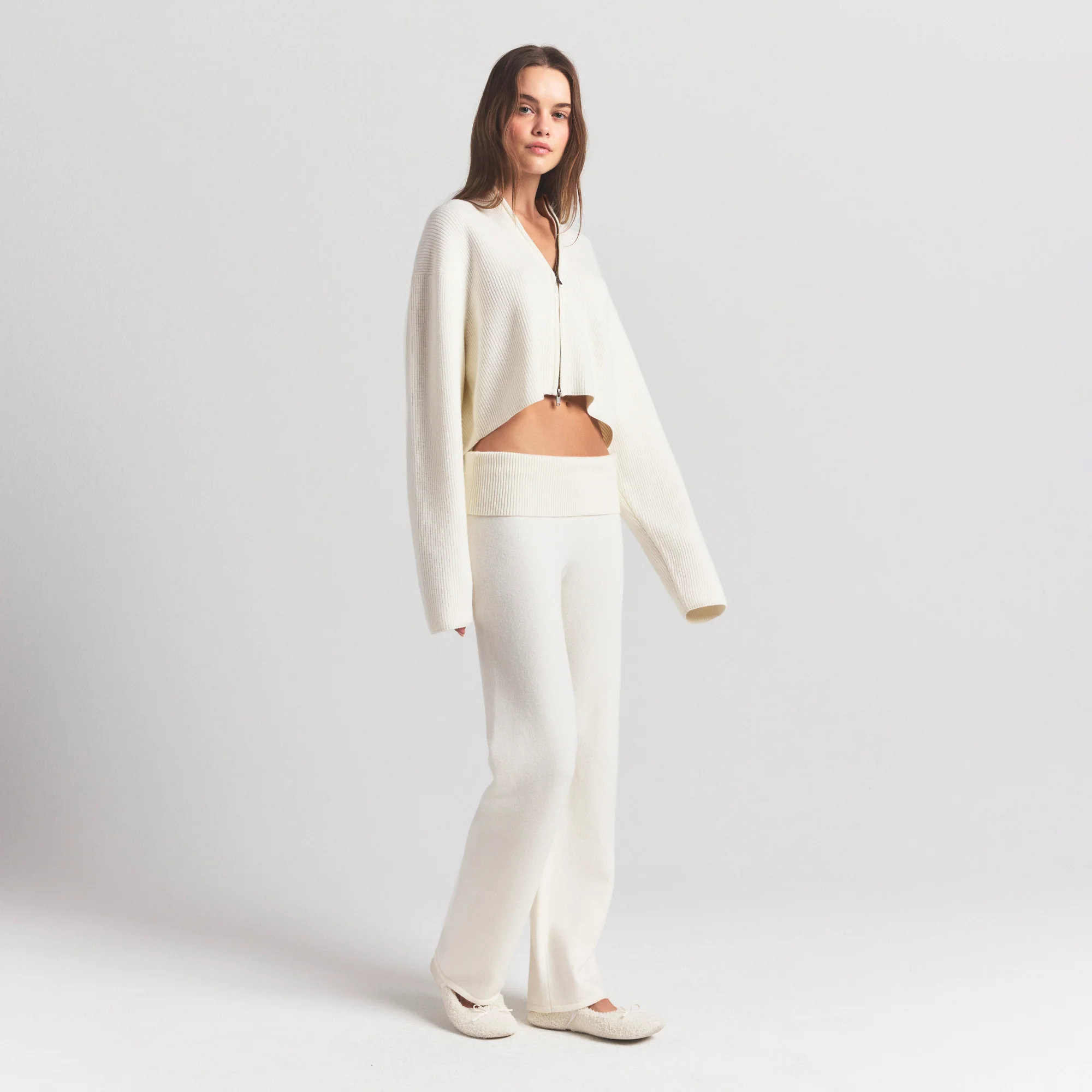SWEATER KNITS RIBBED MOCK NECK ZIP UP | IVORY - Image 3