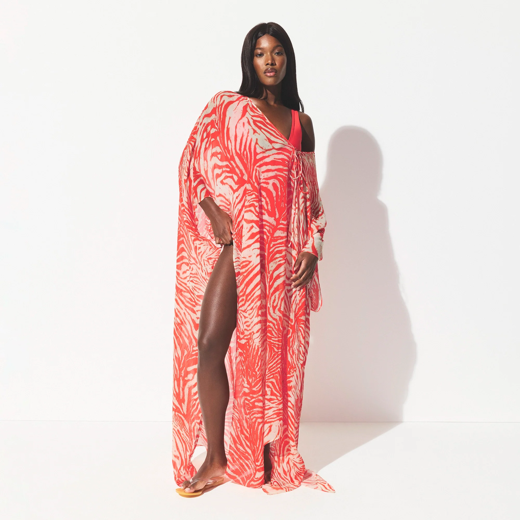SWIM COVER-UPS SHEER LONG KAFTAN | CARMINE ZEBRA PRINT - Image 3