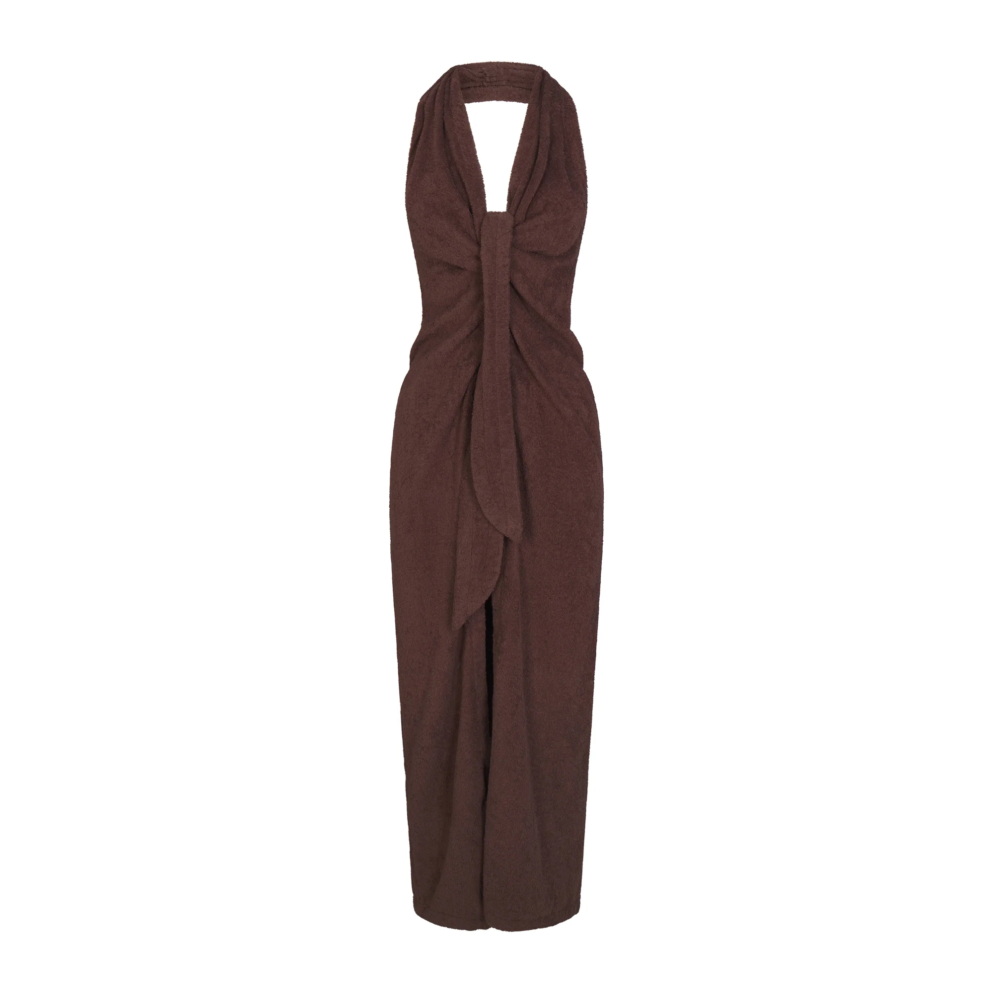 TERRY COVER-UPS DEEP PLUNGE HALTER WRAP DRESS | DARK SEPIA