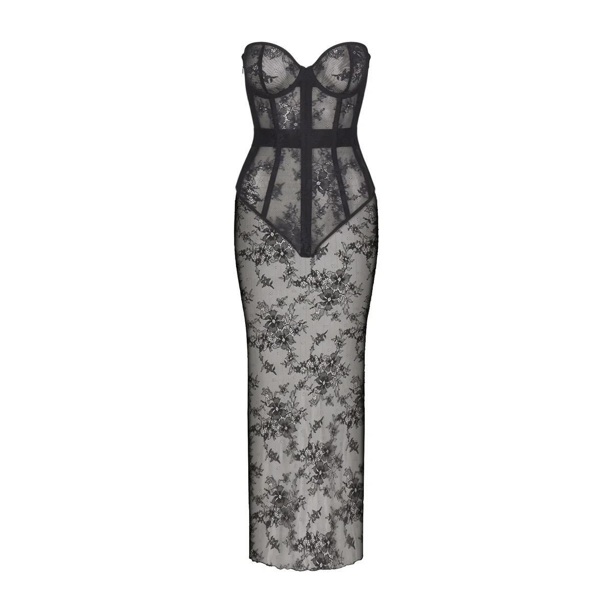 ULTRA FINE LACE STRAPLESS CORSET LONG DRESS | ONYX