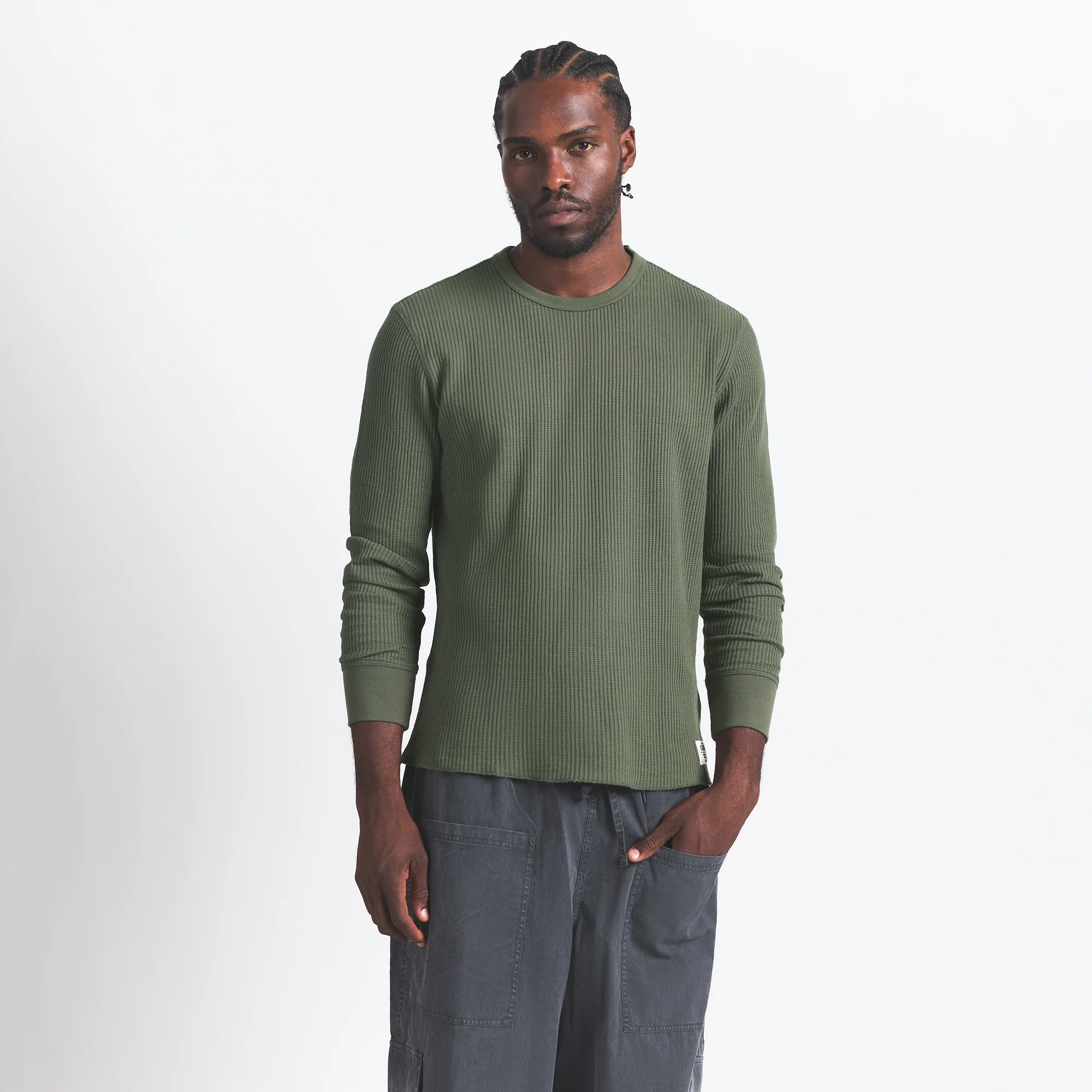 WAFFLE MENS LONG SLEEVE TOP | MILITARY GREEN - Image 3
