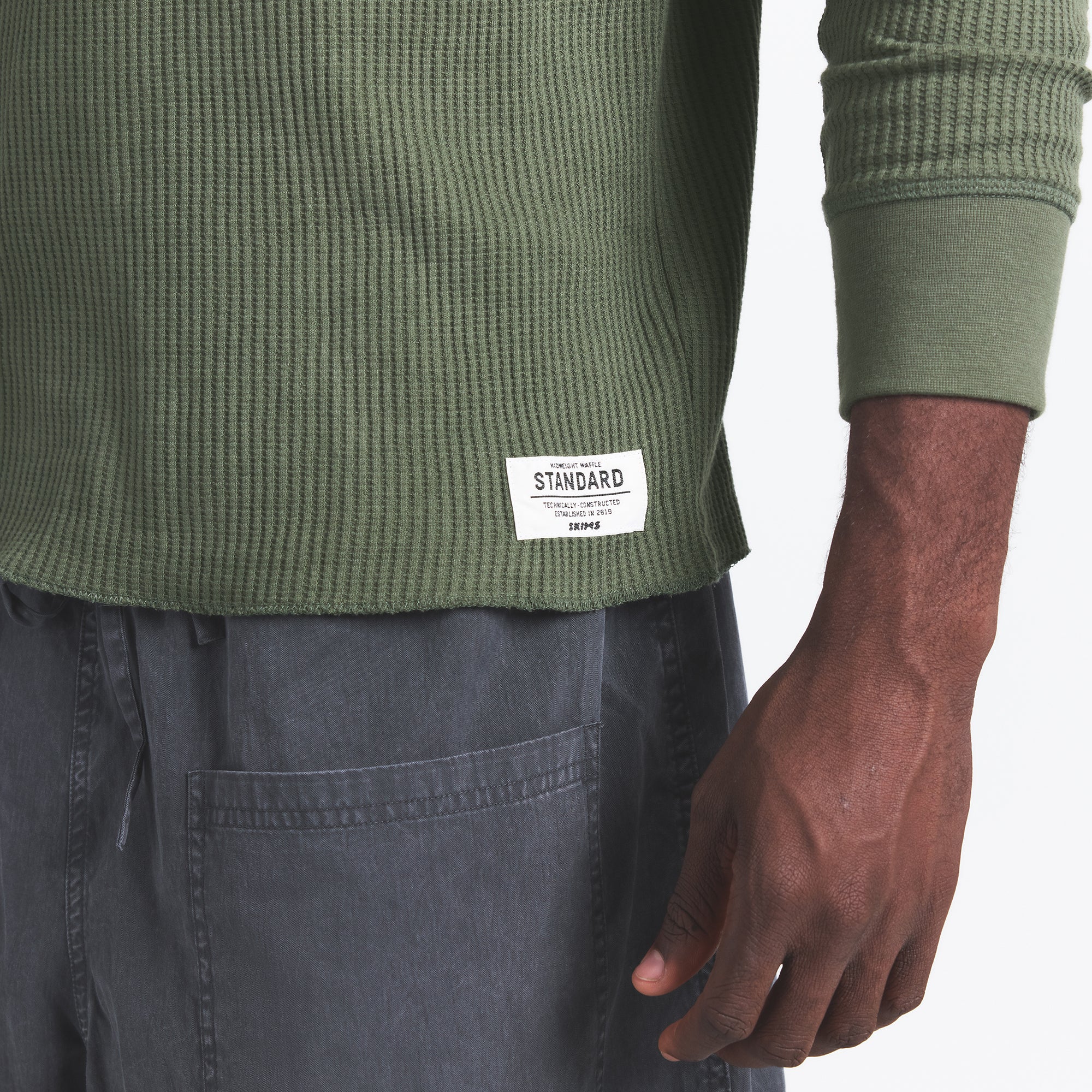 WAFFLE MENS LONG SLEEVE TOP | MILITARY GREEN - Image 4