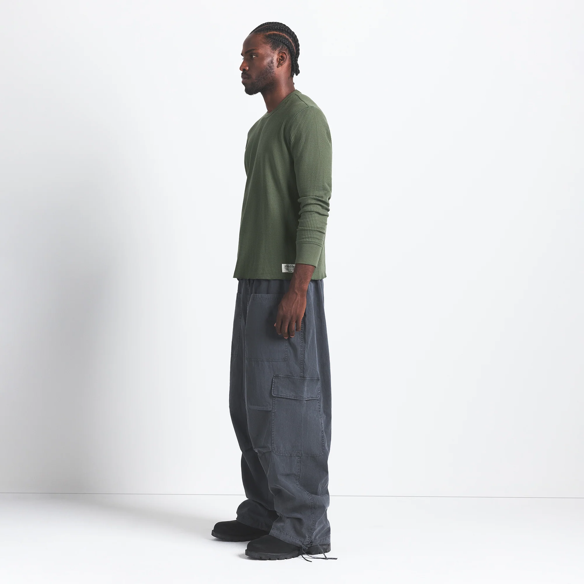 WAFFLE MENS LONG SLEEVE TOP | MILITARY GREEN - Image 5