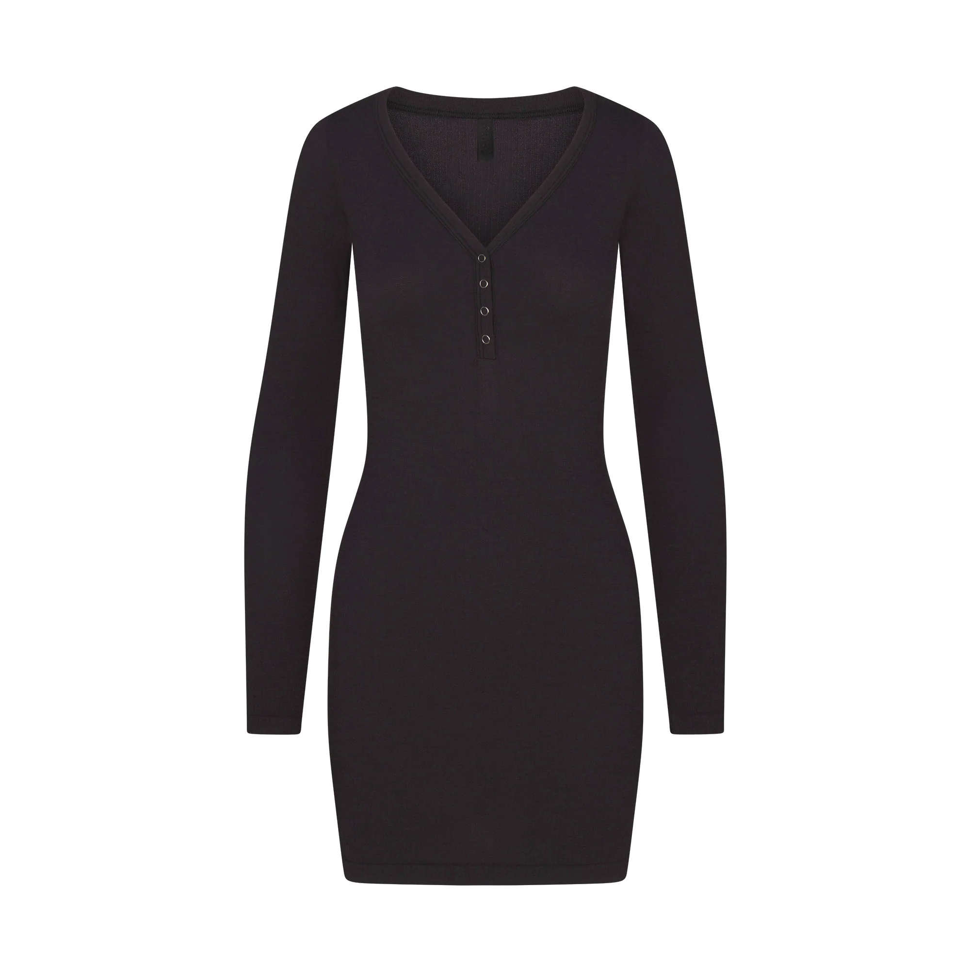 WOOL RIB HENLEY DRESS | OBSIDIAN