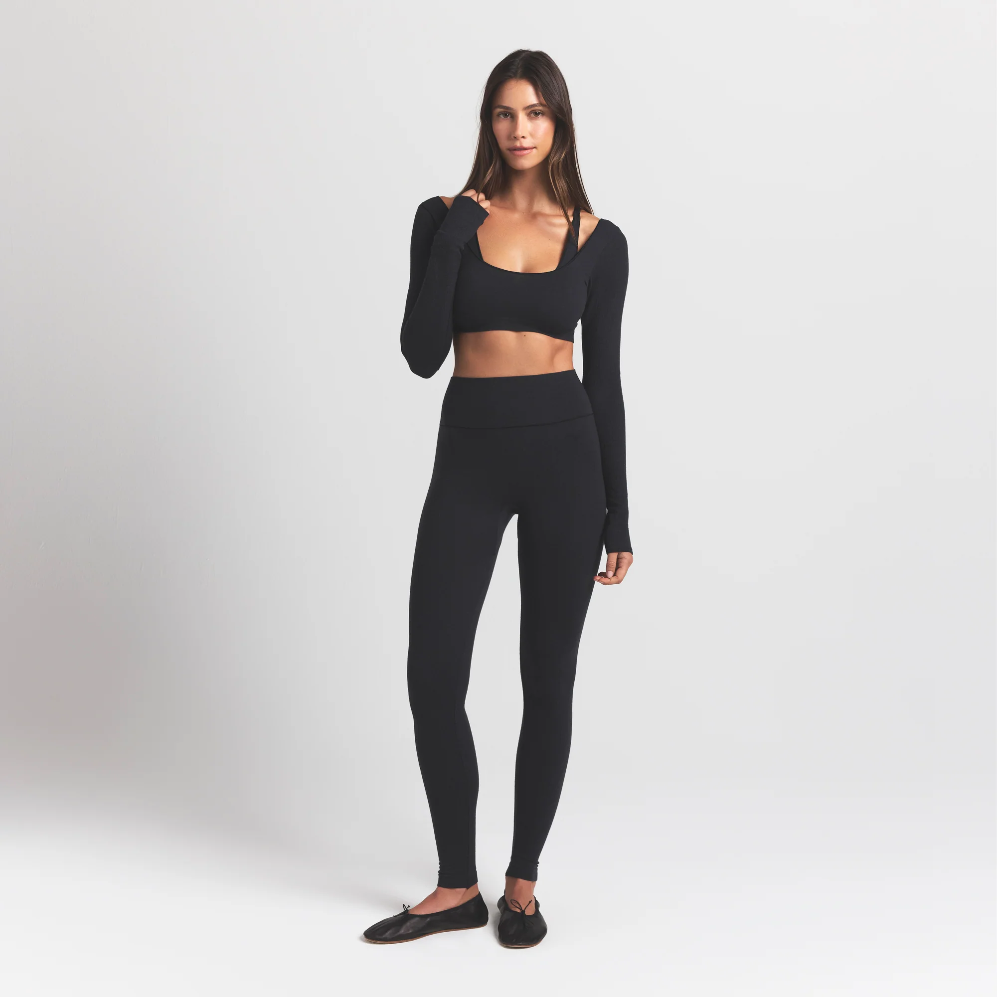 WOOL RIB LONG SLEEVE SUPER CROPPED TOP | OBSIDIAN - Image 2