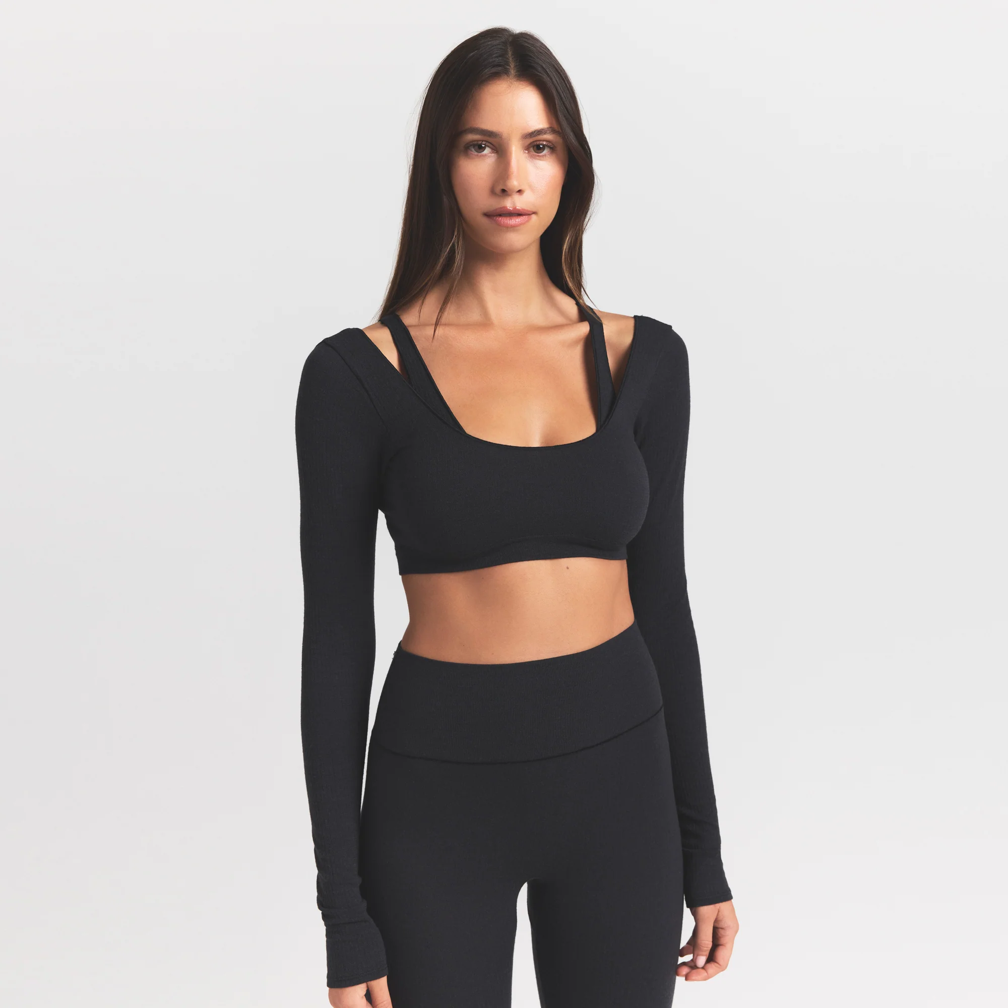 WOOL RIB LONG SLEEVE SUPER CROPPED TOP | OBSIDIAN - Image 3