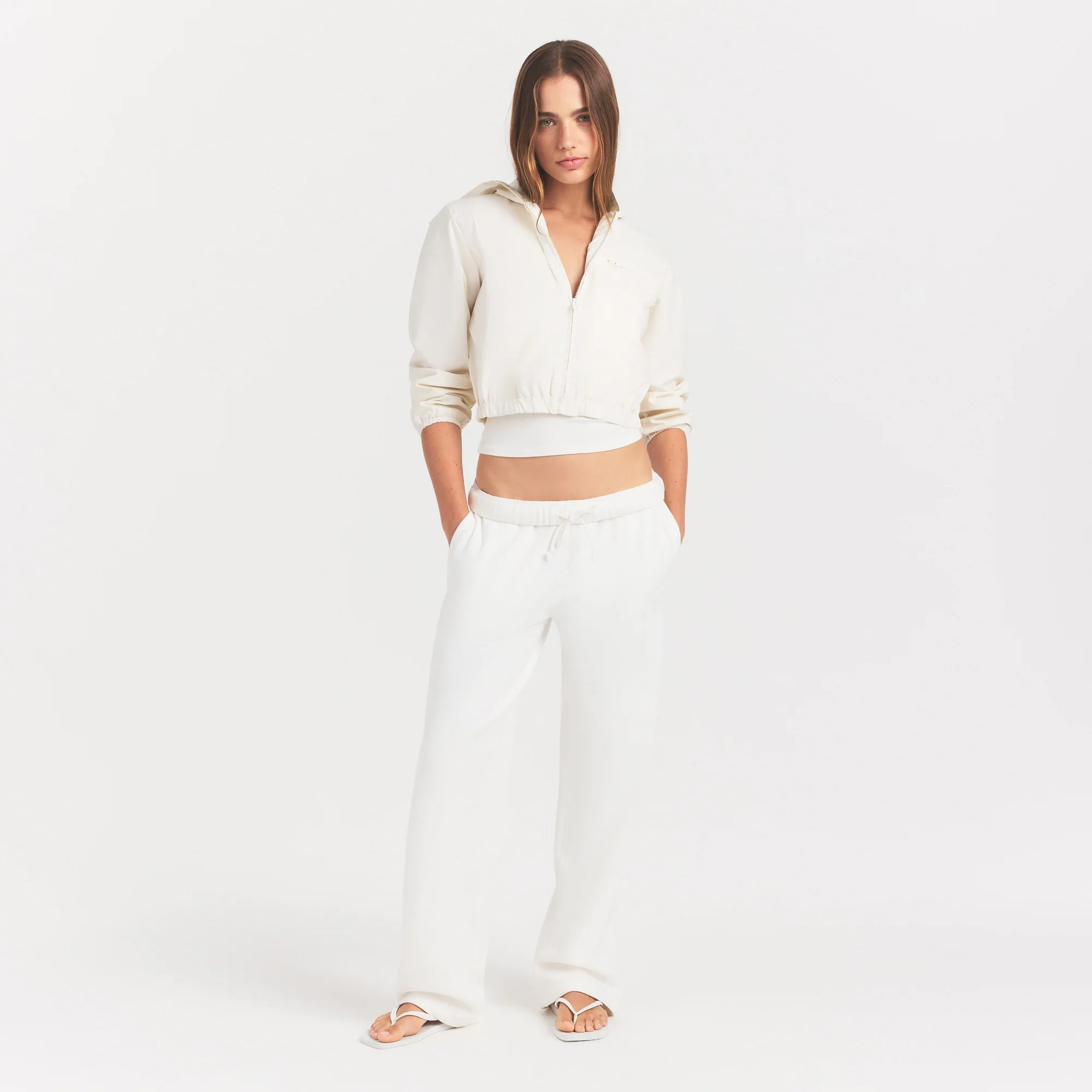 WOVEN COTTON CROPPED ZIP UP JACKET | EGRET - Image 2