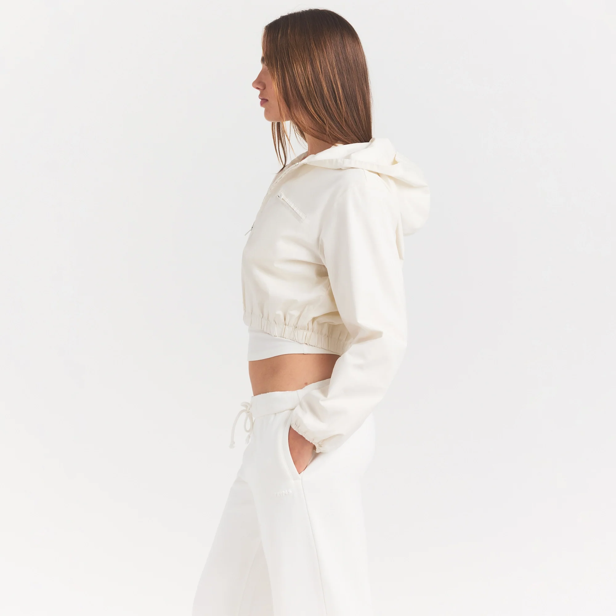 WOVEN COTTON CROPPED ZIP UP JACKET | EGRET - Image 4
